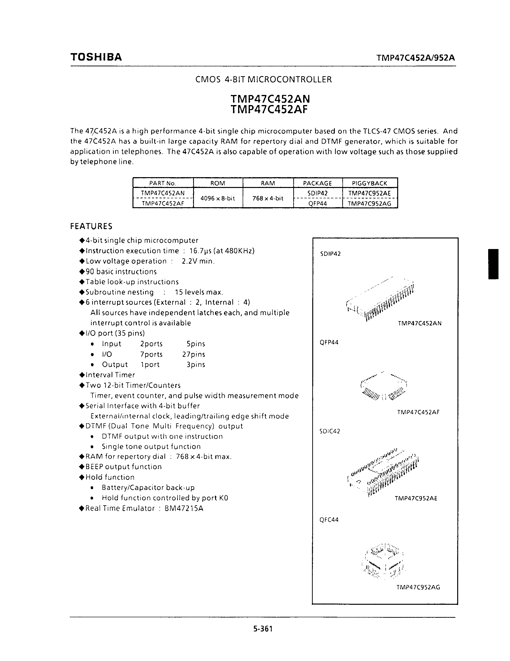 Datasheet TMP47C452 - CMOS 4-BIT MICROCONTROLLER page 1