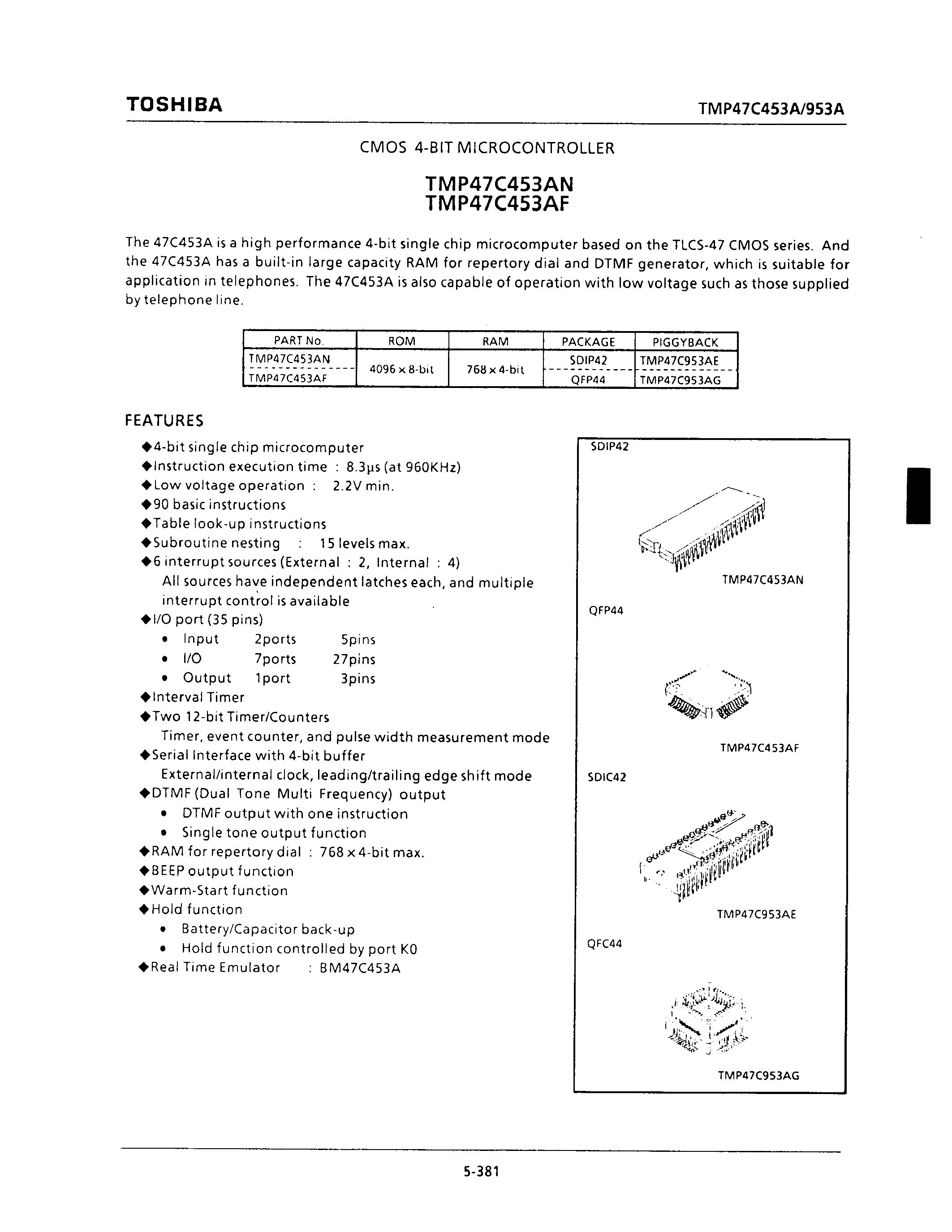 Datasheet TMP47C453AF - CMOS 4-BIT MICROCONTROLLER page 1