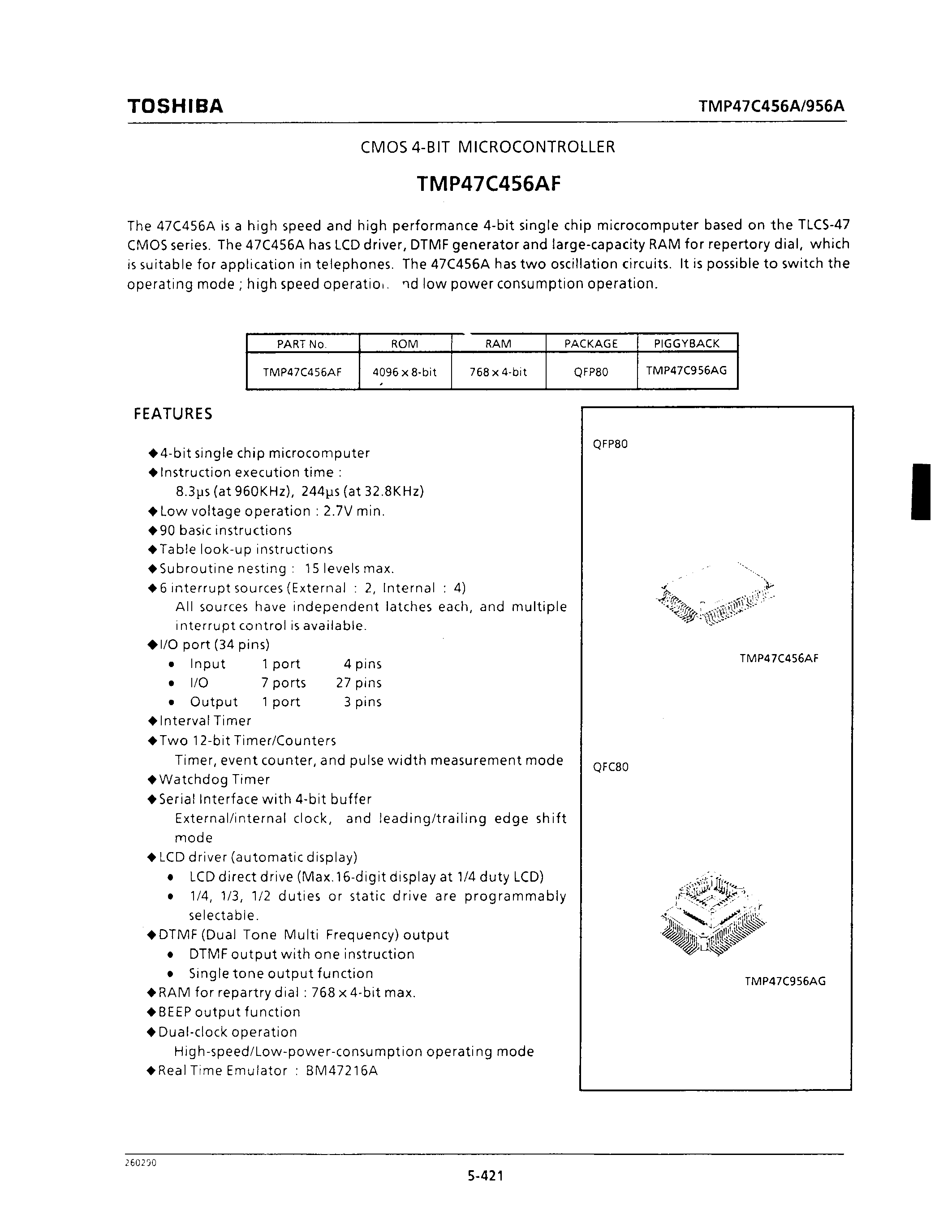 Datasheet TMP47C454 - CMOS 4-BIT MICROCONTROLLER page 1