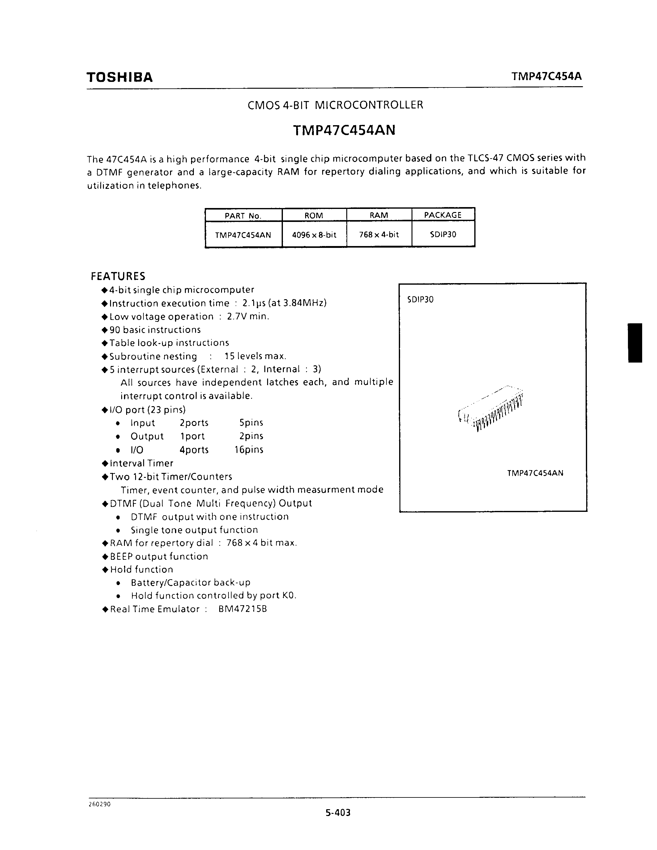 Datasheet TMP47C454AN - CMOS 4-BIT MICROCONTROLLER page 1