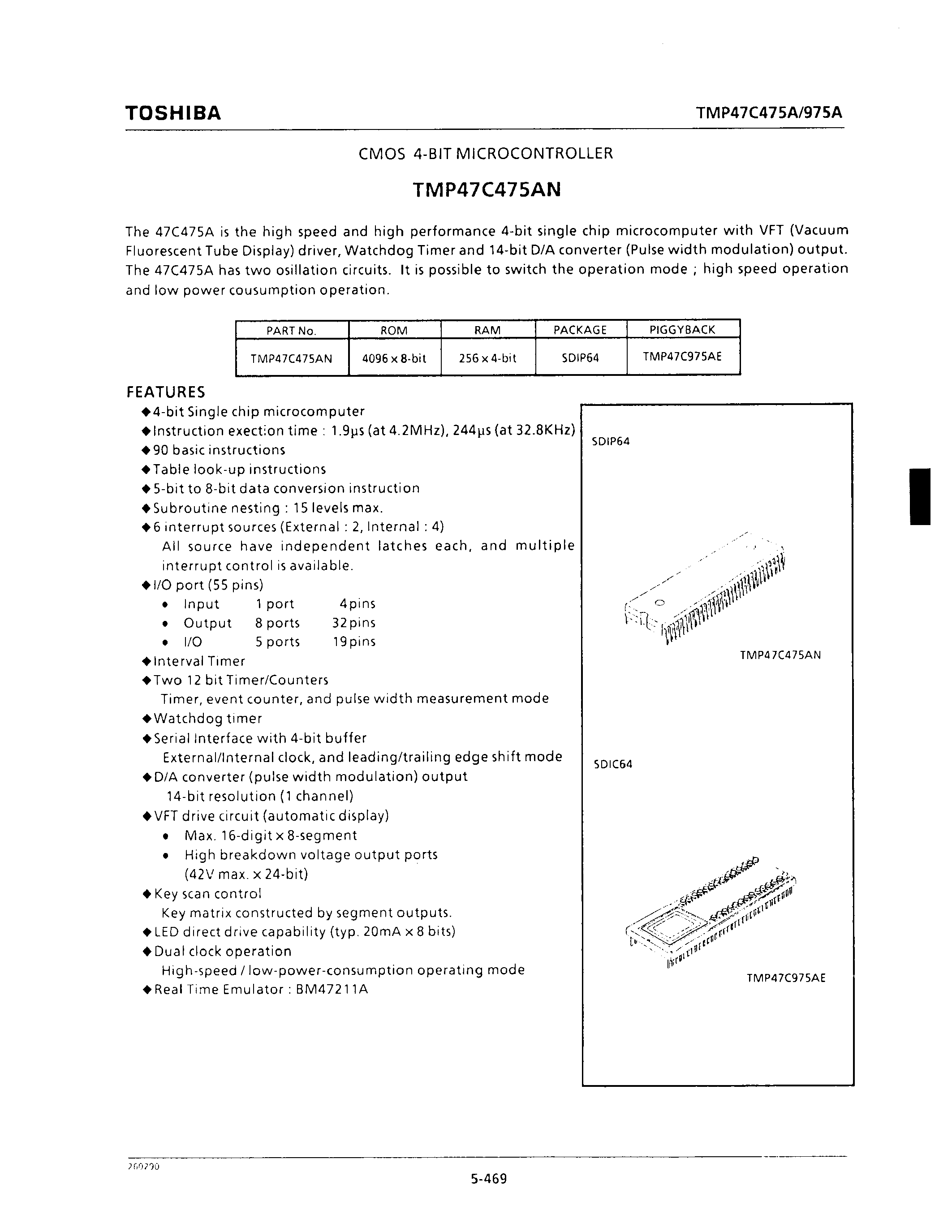 Datasheet TMP47C475AN - CMOS 4-BIT MICROCONTROLLER page 1