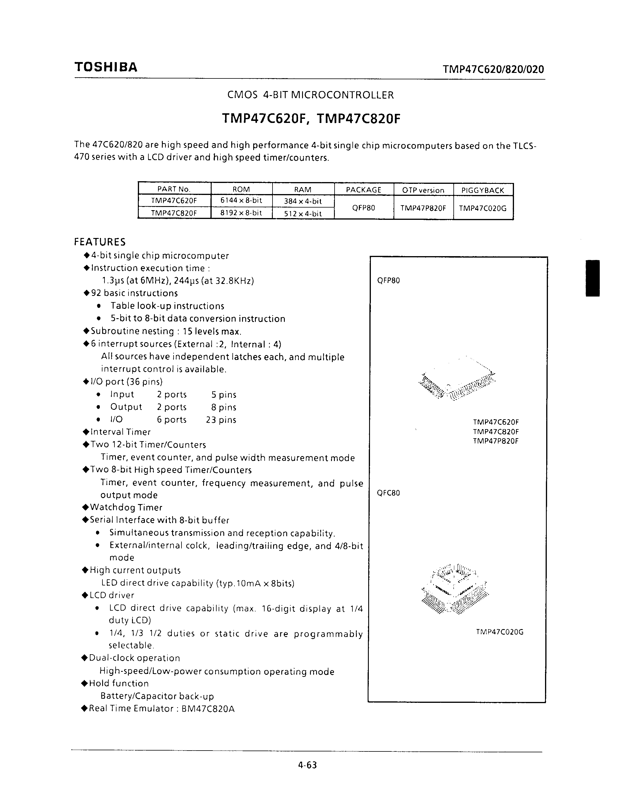 Datasheet TMP47C620F - CMOS 4-BIT MICROCONTROLLER page 1