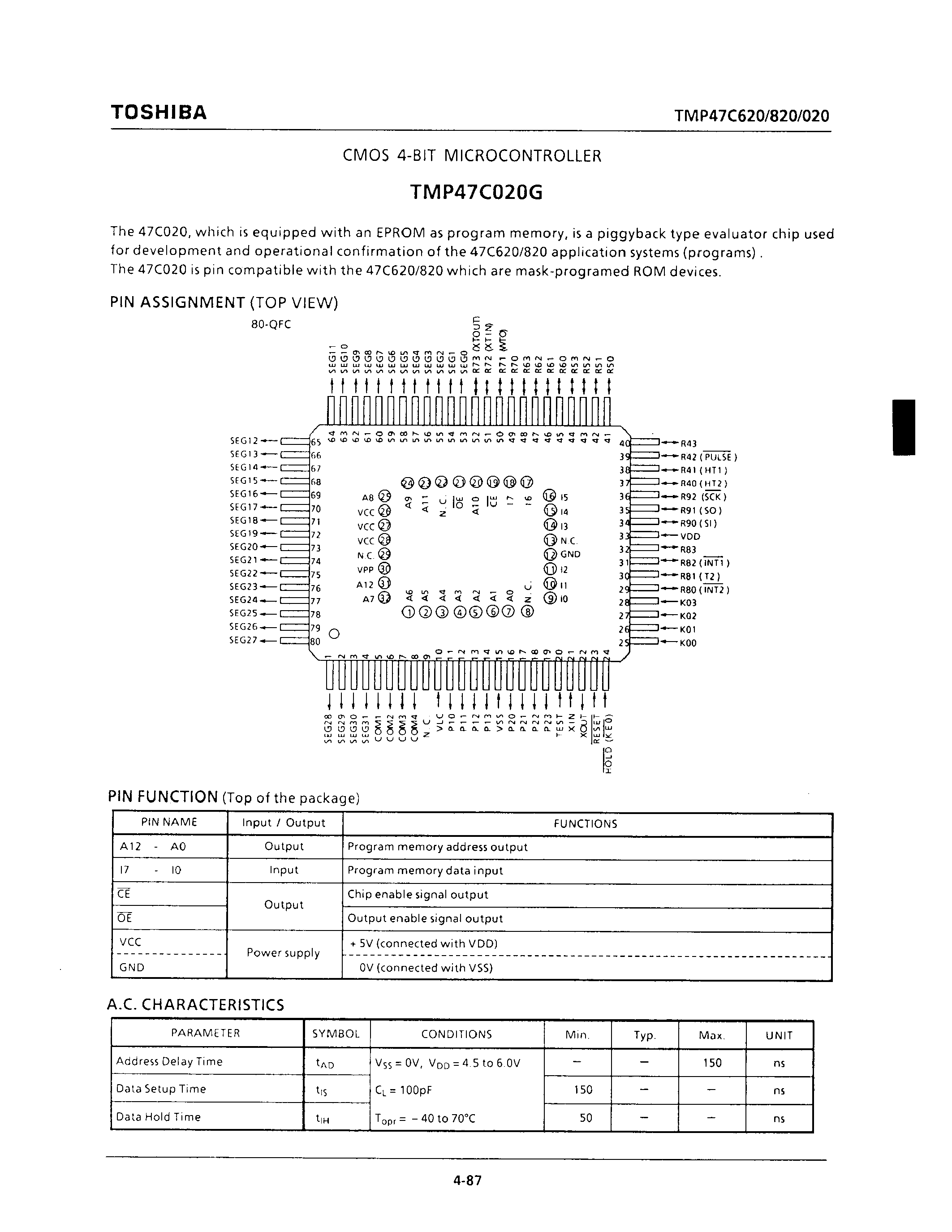 Datasheet TMP47C620G - CMOS 4-BIT MICROCONTROLLER page 1