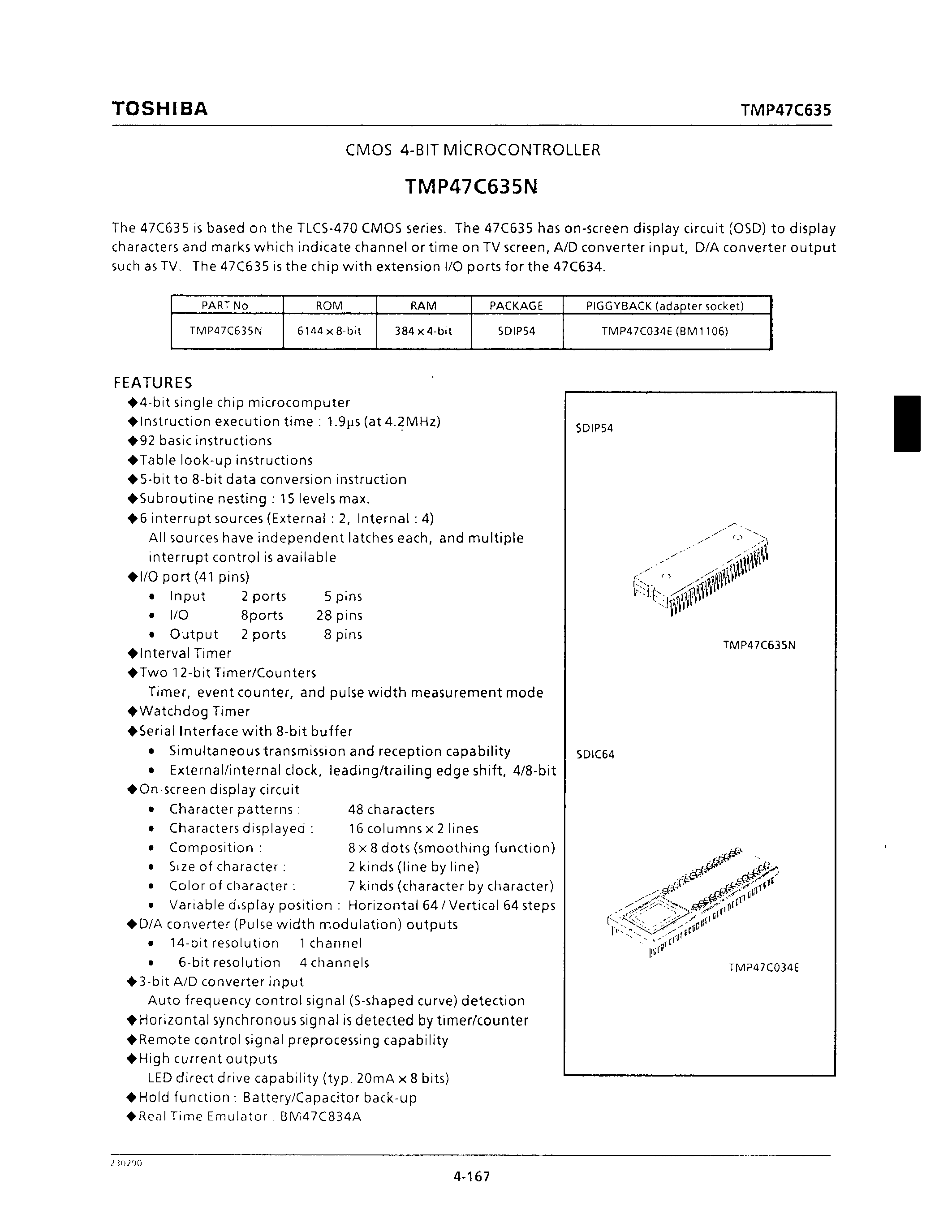 Datasheet TMP47C635 - CMOS 4-BIT MICROCONTROLLER page 1