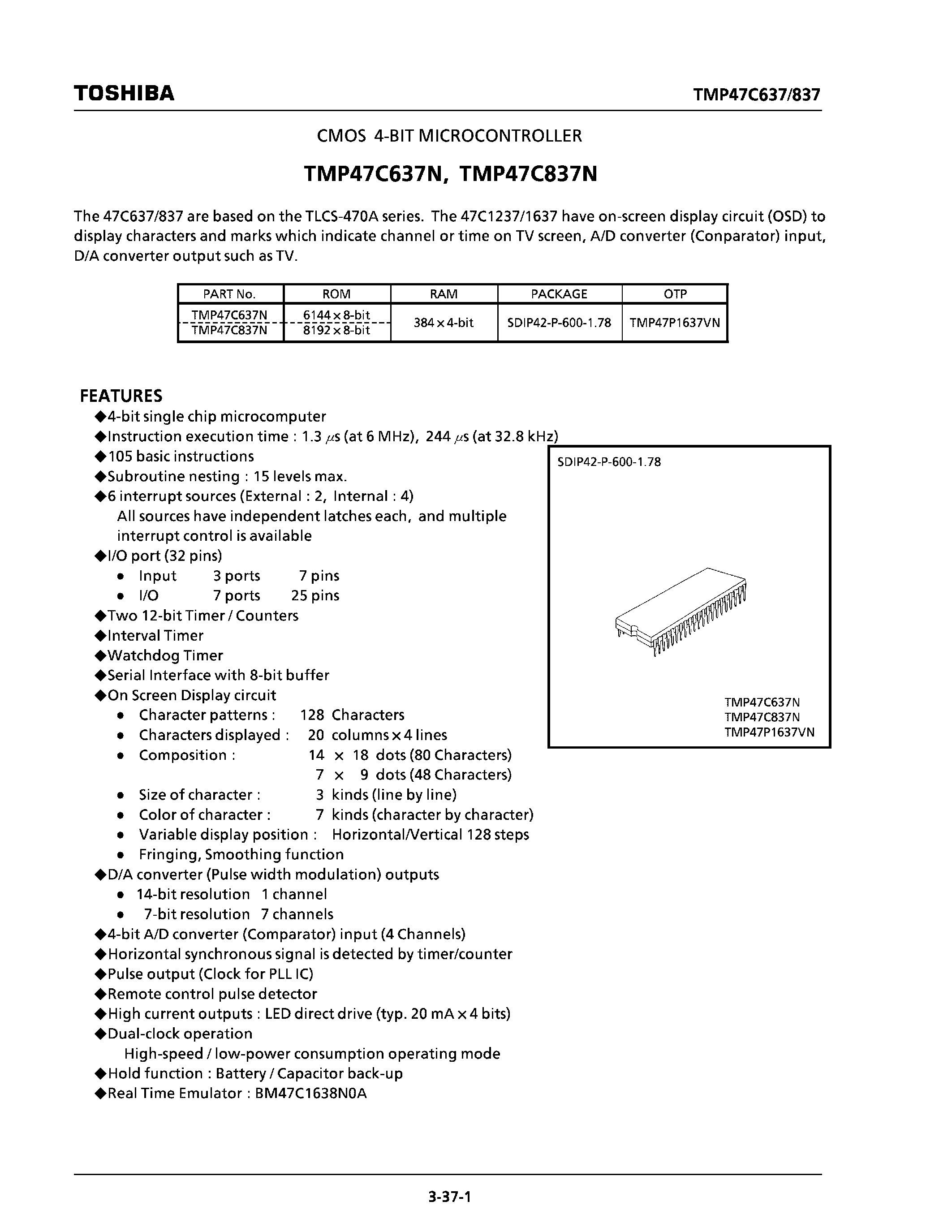 Datasheet TMP47C637 - CMOS 4-BIT MICROCONTROLLER page 1