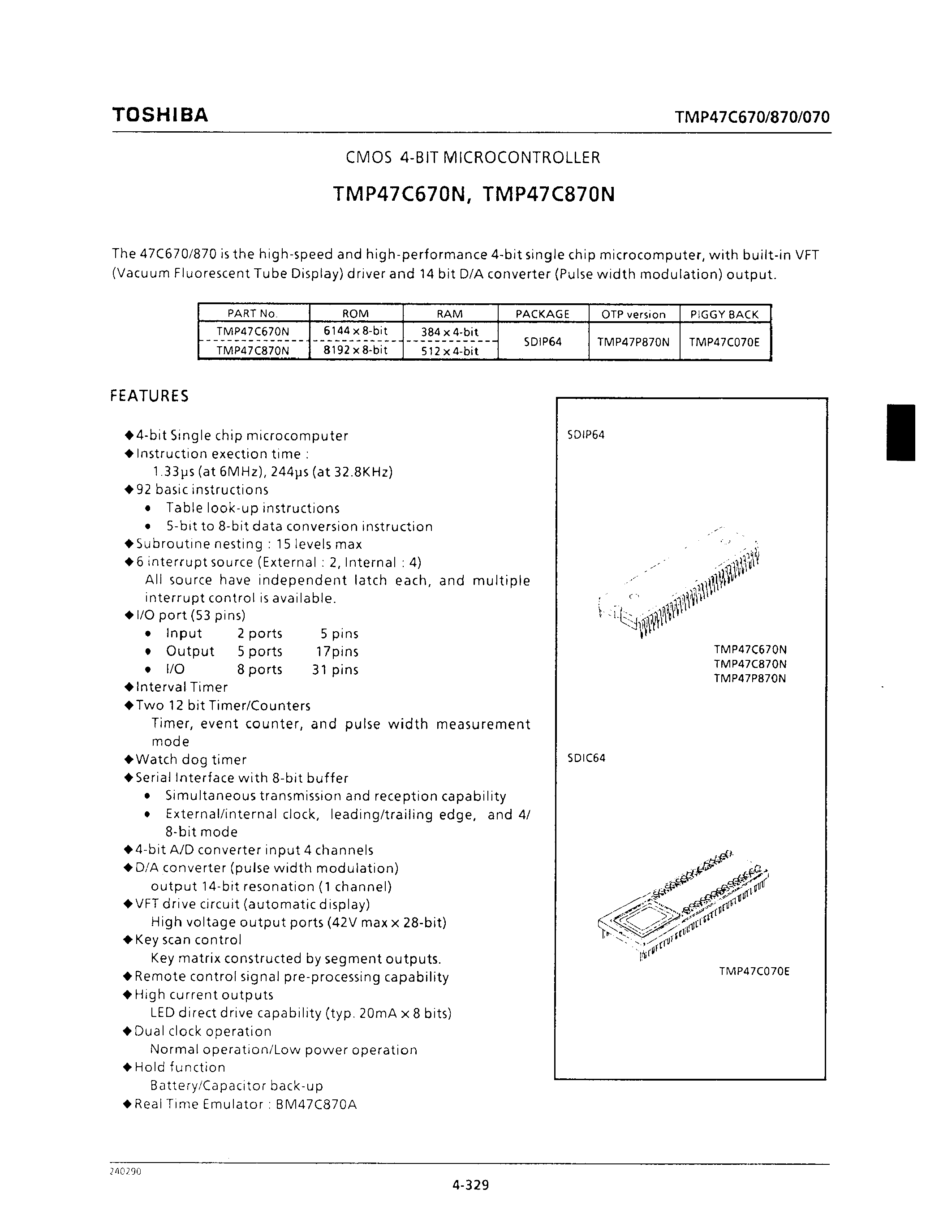 Datasheet TMP47C670 - CMOS 4-BIT MICROCONTROLLER page 1