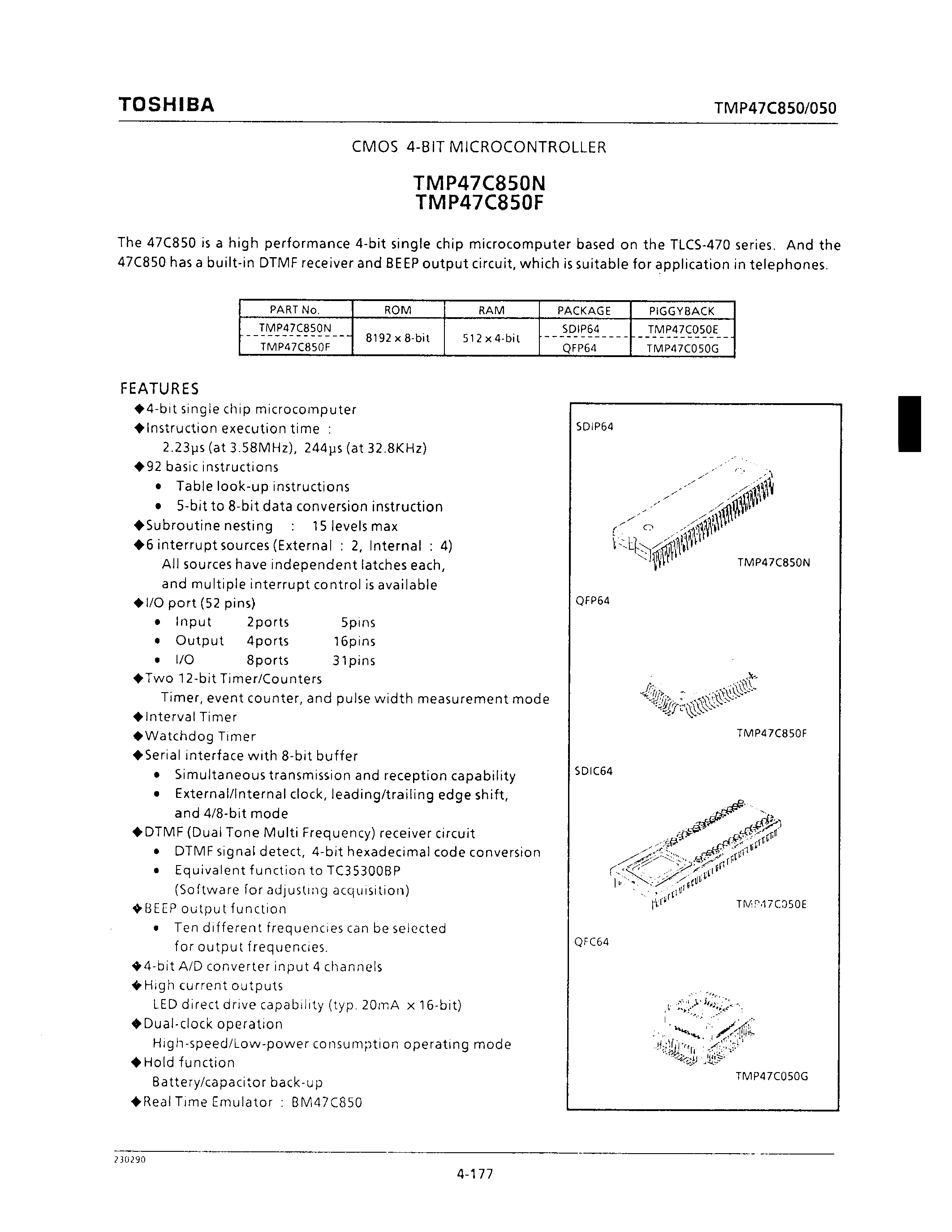 Datasheet TMP47C850F - CMOS 4-BIT MICROCONTROLLER page 1