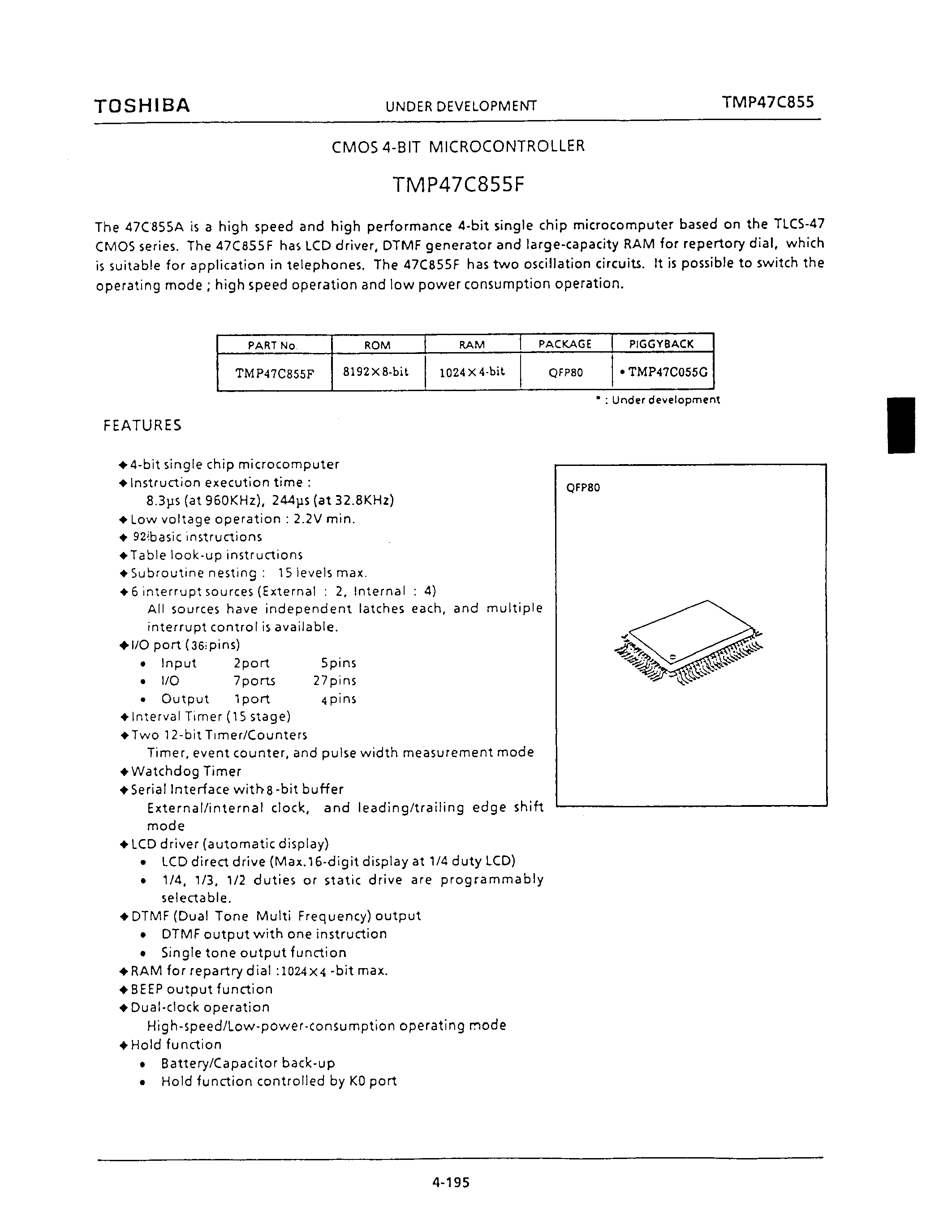 Datasheet TMP47C855 - CMOS 4-BIT MICROCONTROLLER page 1