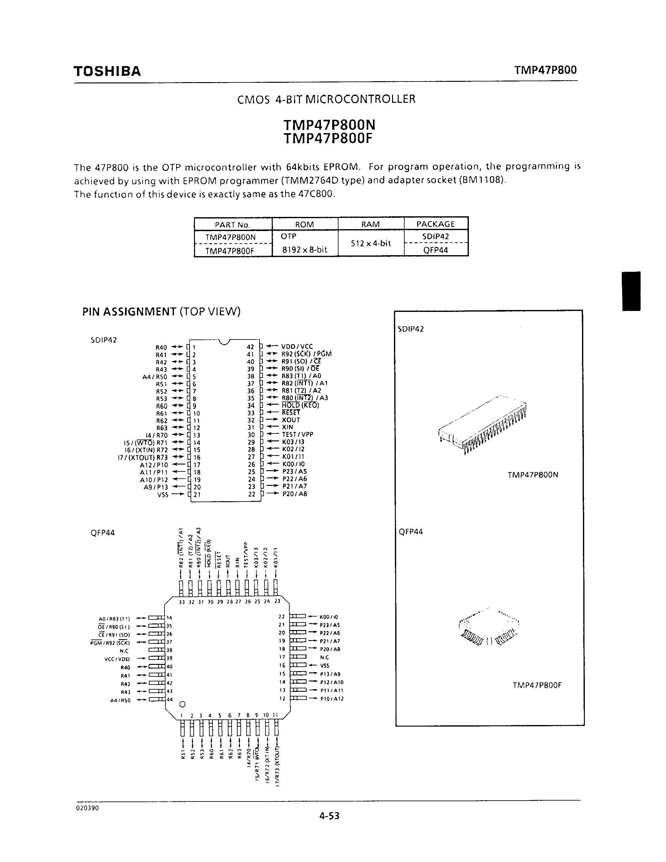 Datasheet TMP47P800 - CMOS 4-BIT MICROCONTROLEER page 1