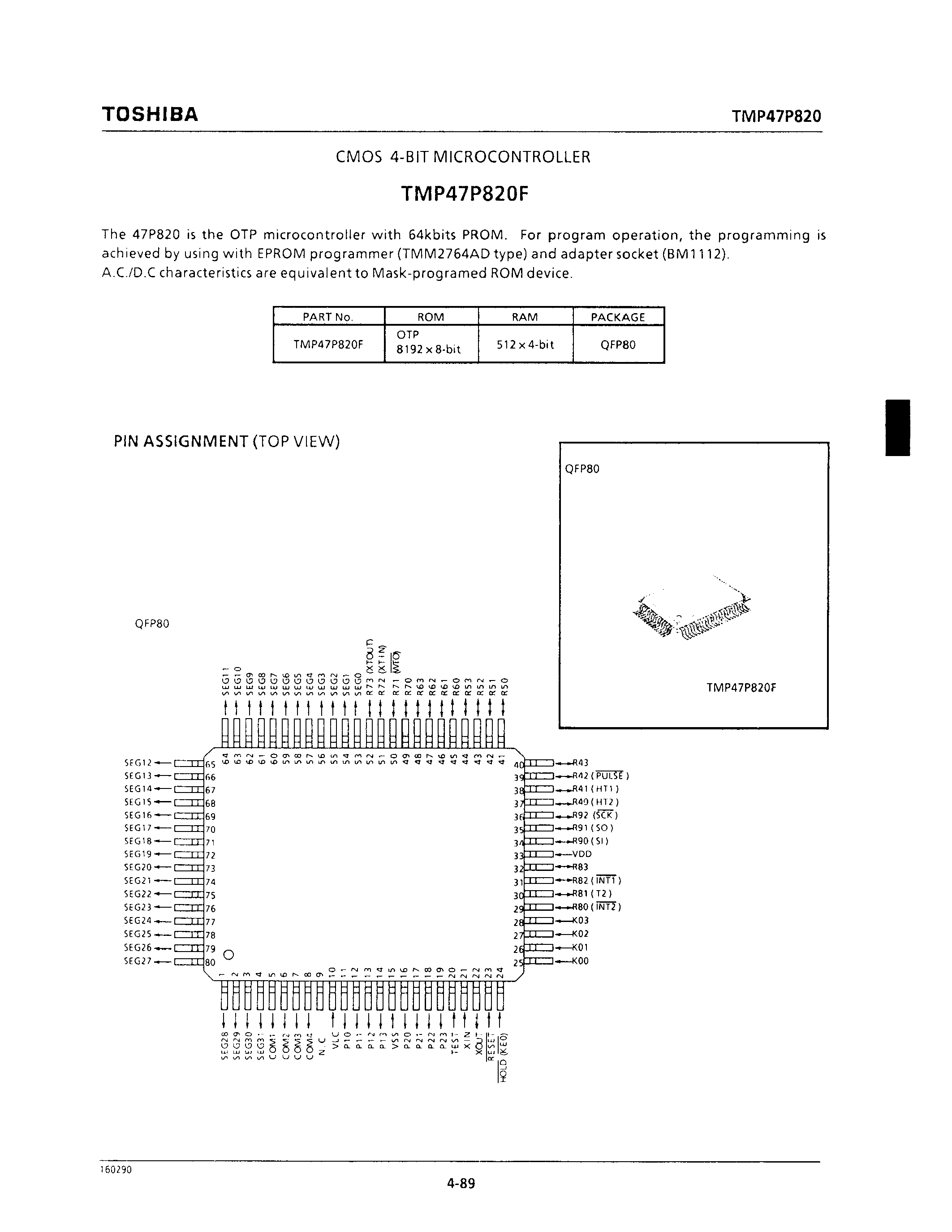 Datasheet TMP47P820F - CMOS 4-BIT MICROCONTROLLER page 1