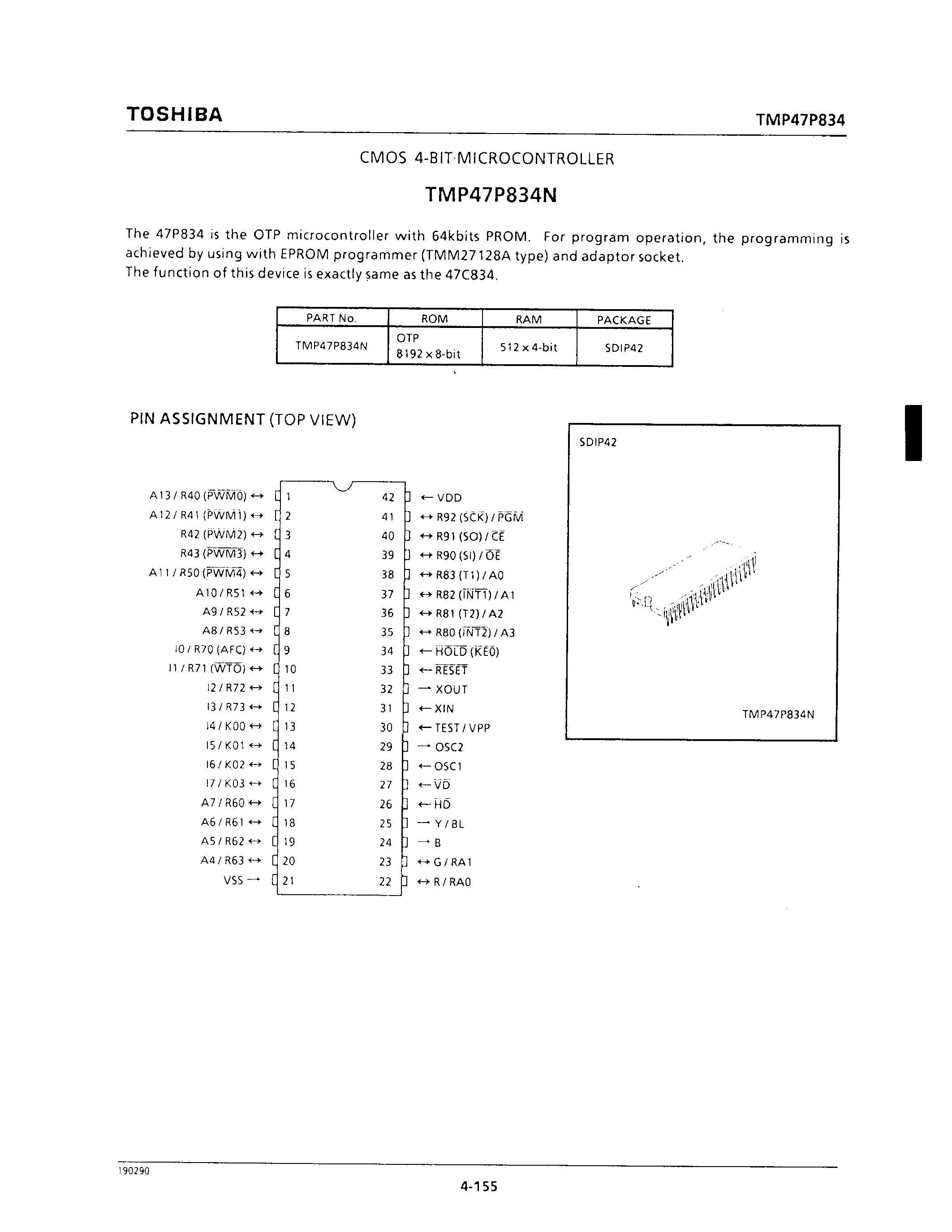 Datasheet TMP47P834 - CMOS 4-BIT MICROCONTROLLER page 1