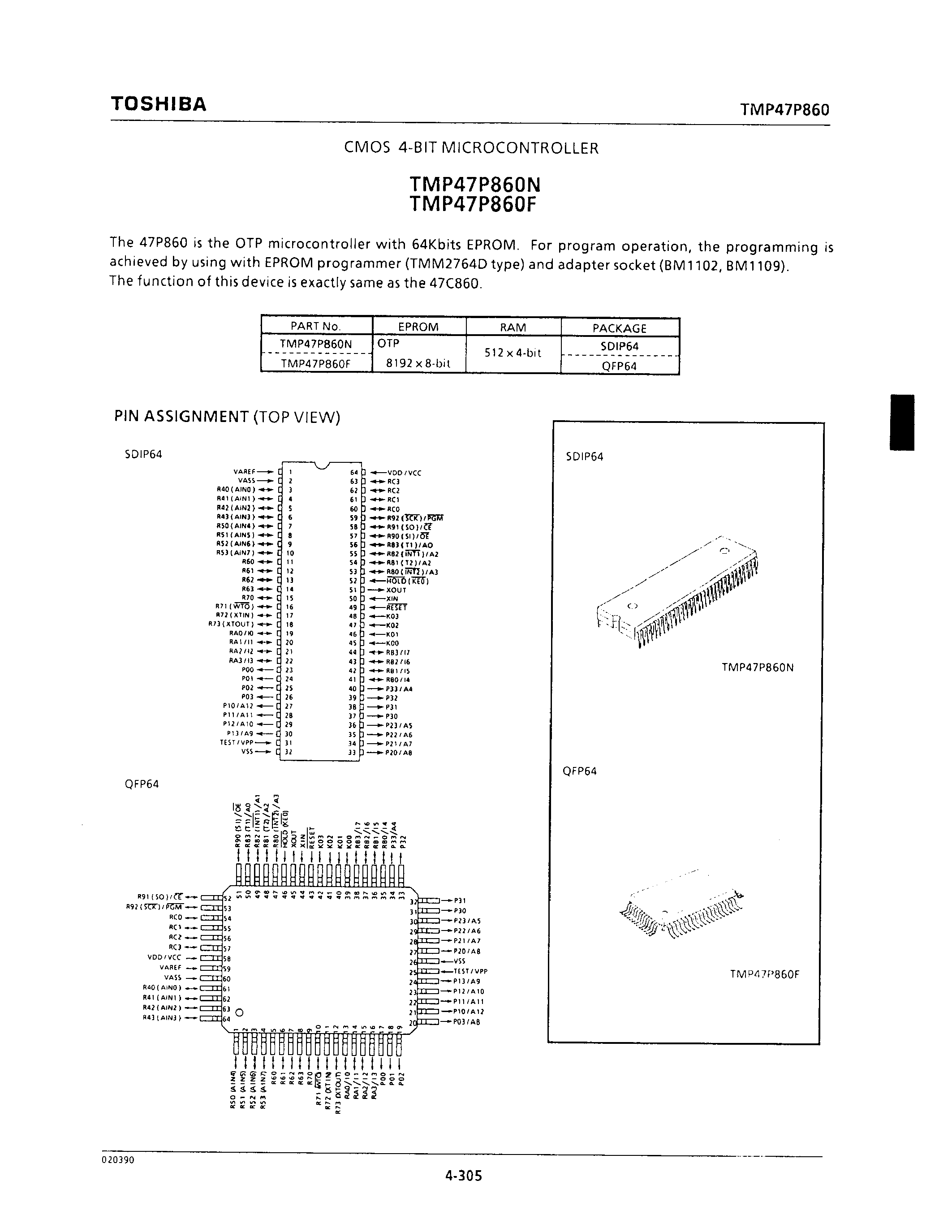 Datasheet TMP47P860 - CMOS 4-BIT MICROCONTROLLER page 1