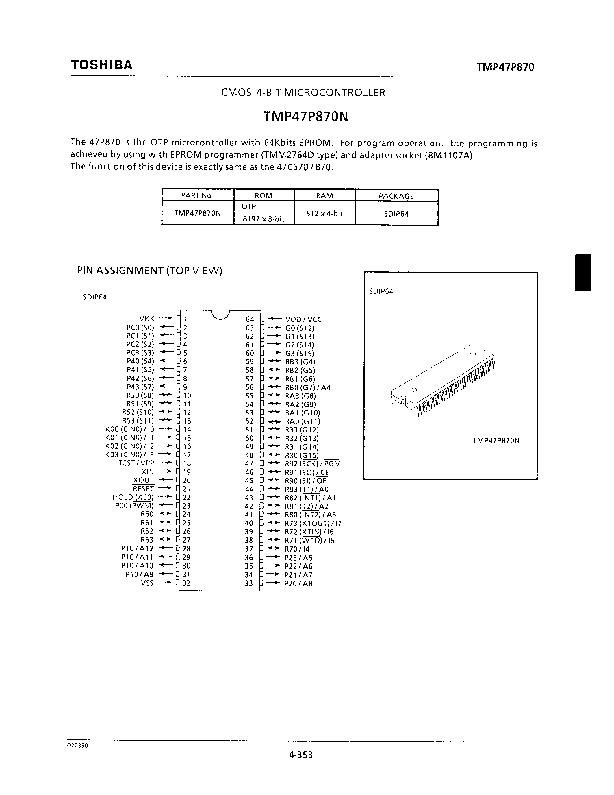 Datasheet TMP47P870 - CMOS 4-BIT MICROCONTROLLER page 1