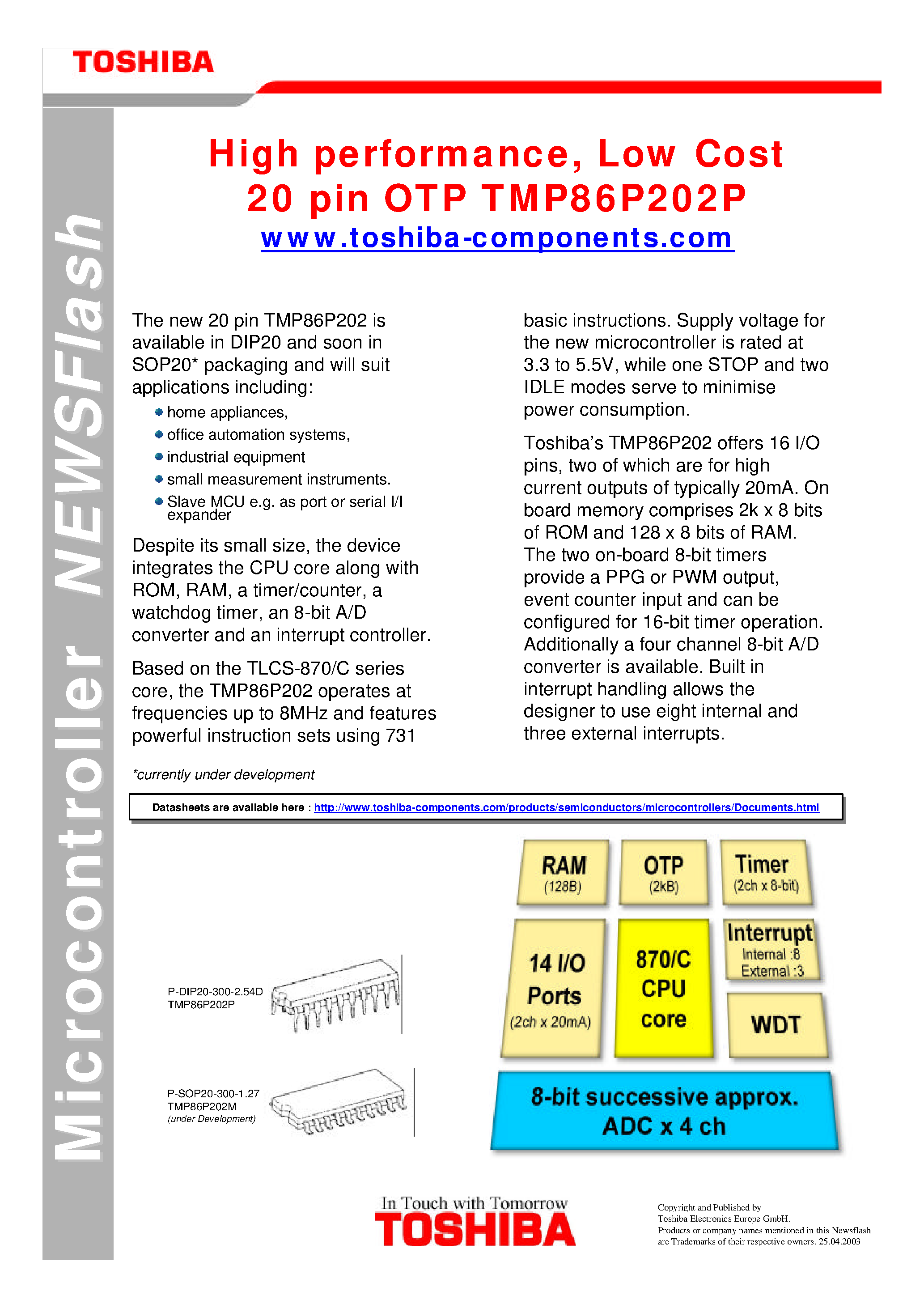 Datasheet TMP86P202P - High performance/ Low Cost 20 pin OTP TMP86P202P page 1