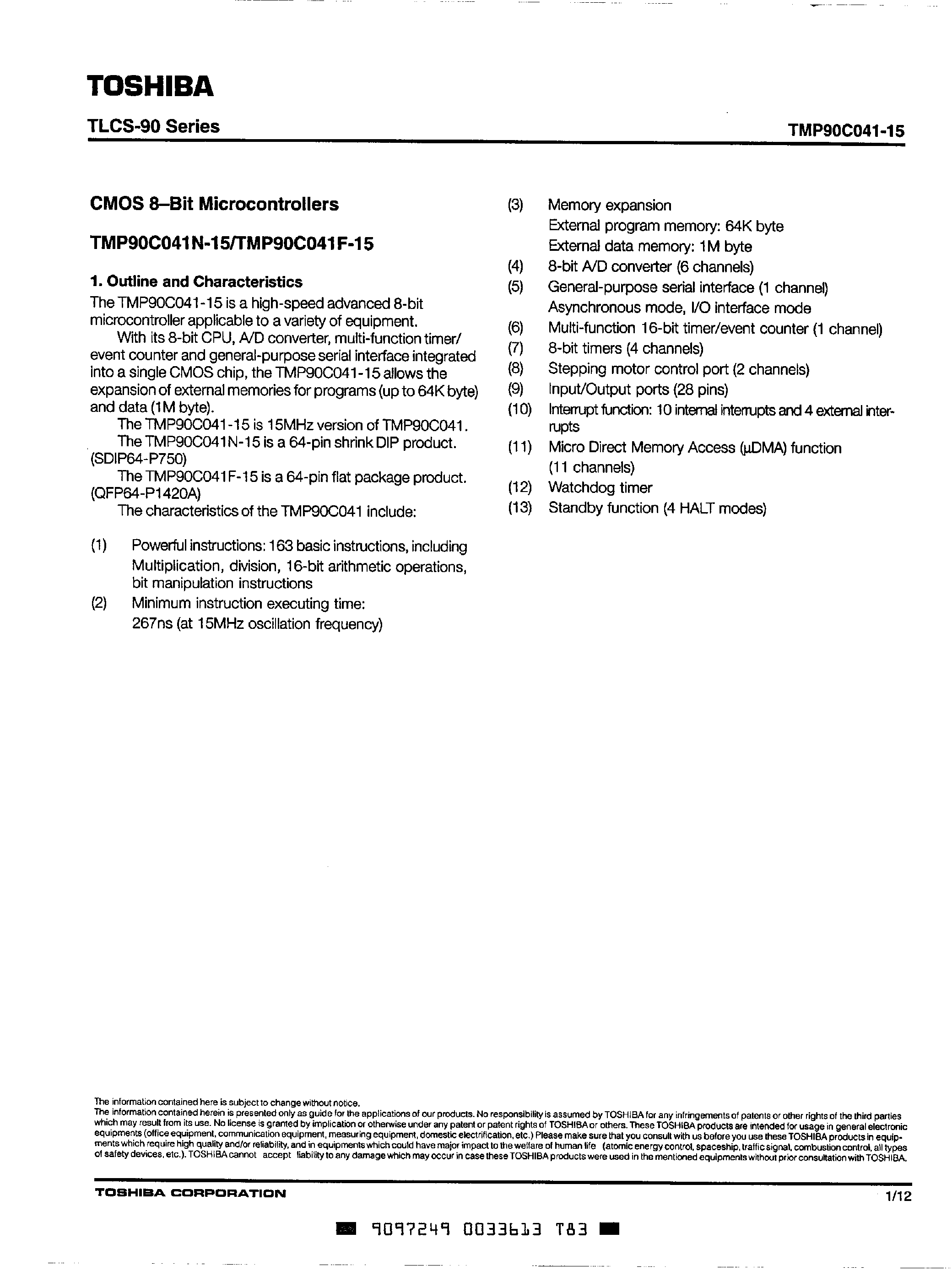 Даташит TMP90C041N-15 - CMOS 8-BIT MICROCONTROLLERS страница 1