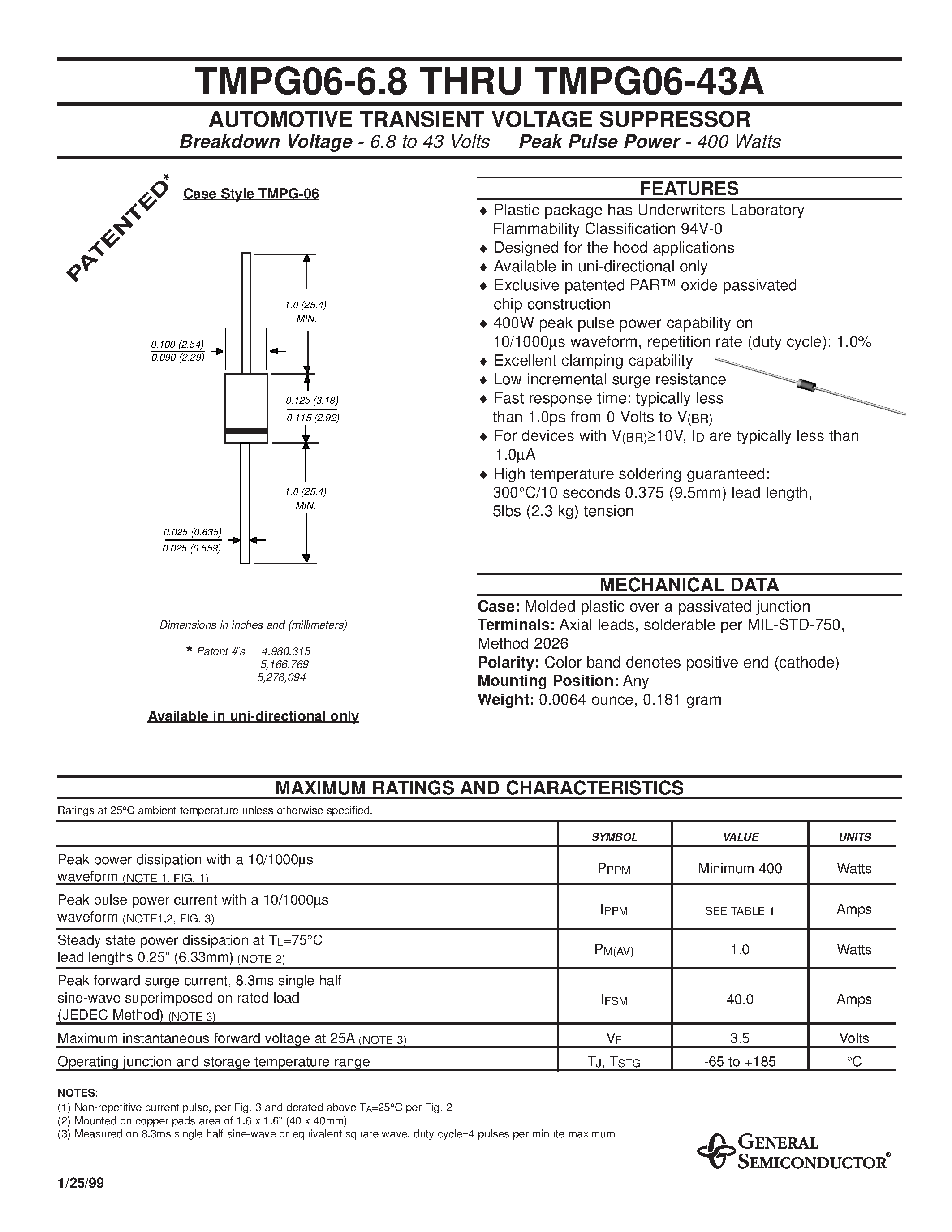 Даташит TMPG06-10 - AUTOMOTIVE TRANSIENT VOLTAGE SUPPRESSOR страница 1