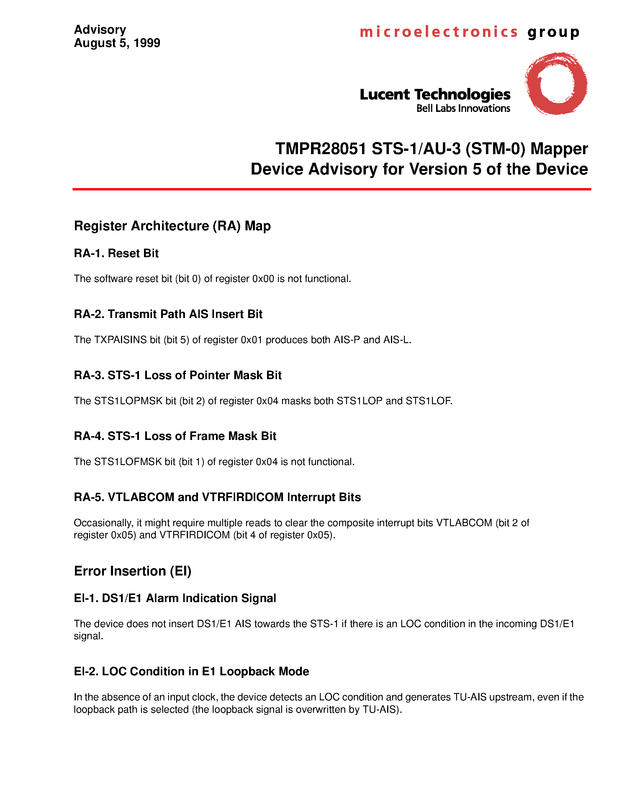 Даташит TMPR28051 - TMPR28051 STS-1/AU-3 (STM-0) Mapper Device Advisory for Version 5 of the Device страница 1