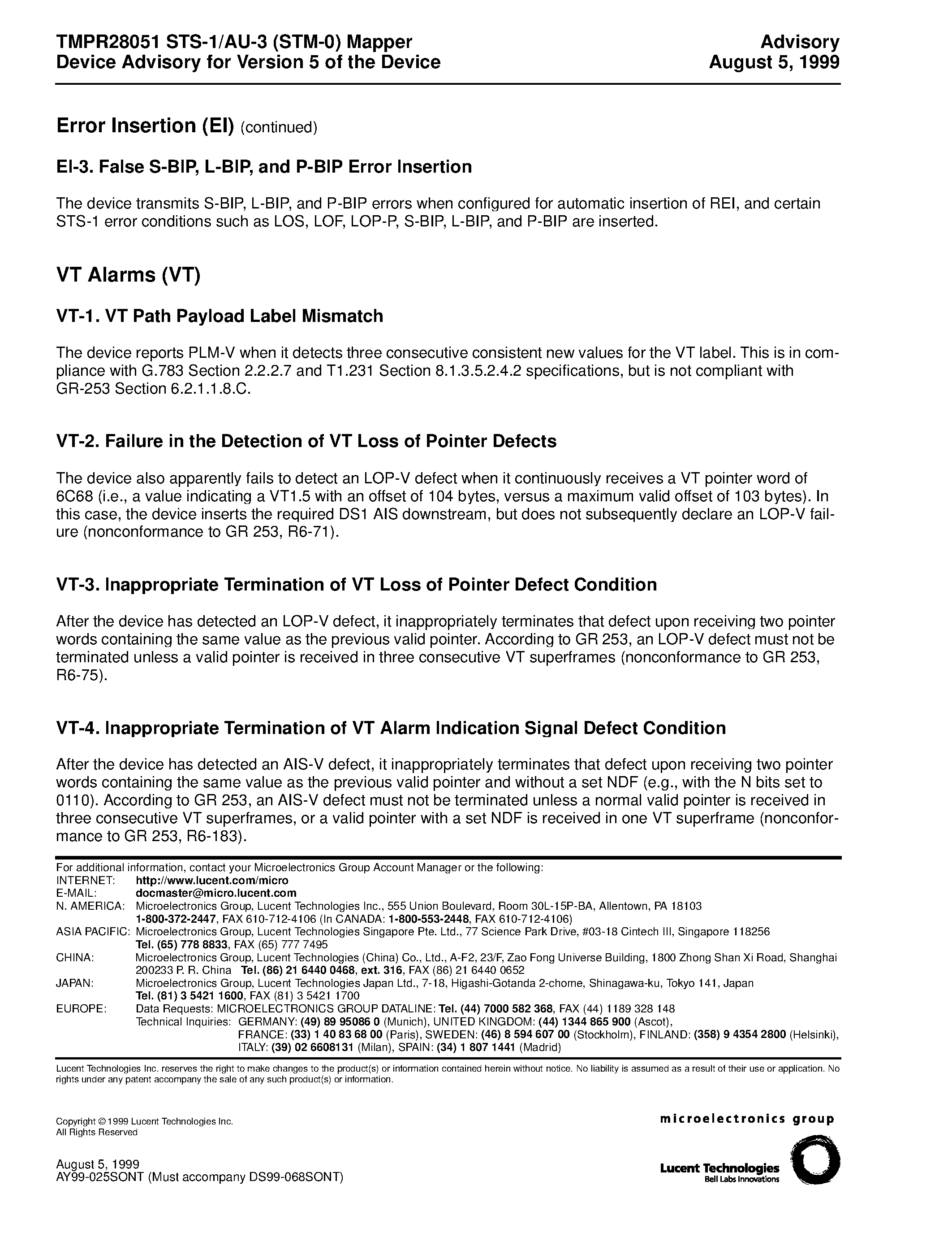 Даташит TMPR28051 - TMPR28051 STS-1/AU-3 (STM-0) Mapper Device Advisory for Version 5 of the Device страница 2