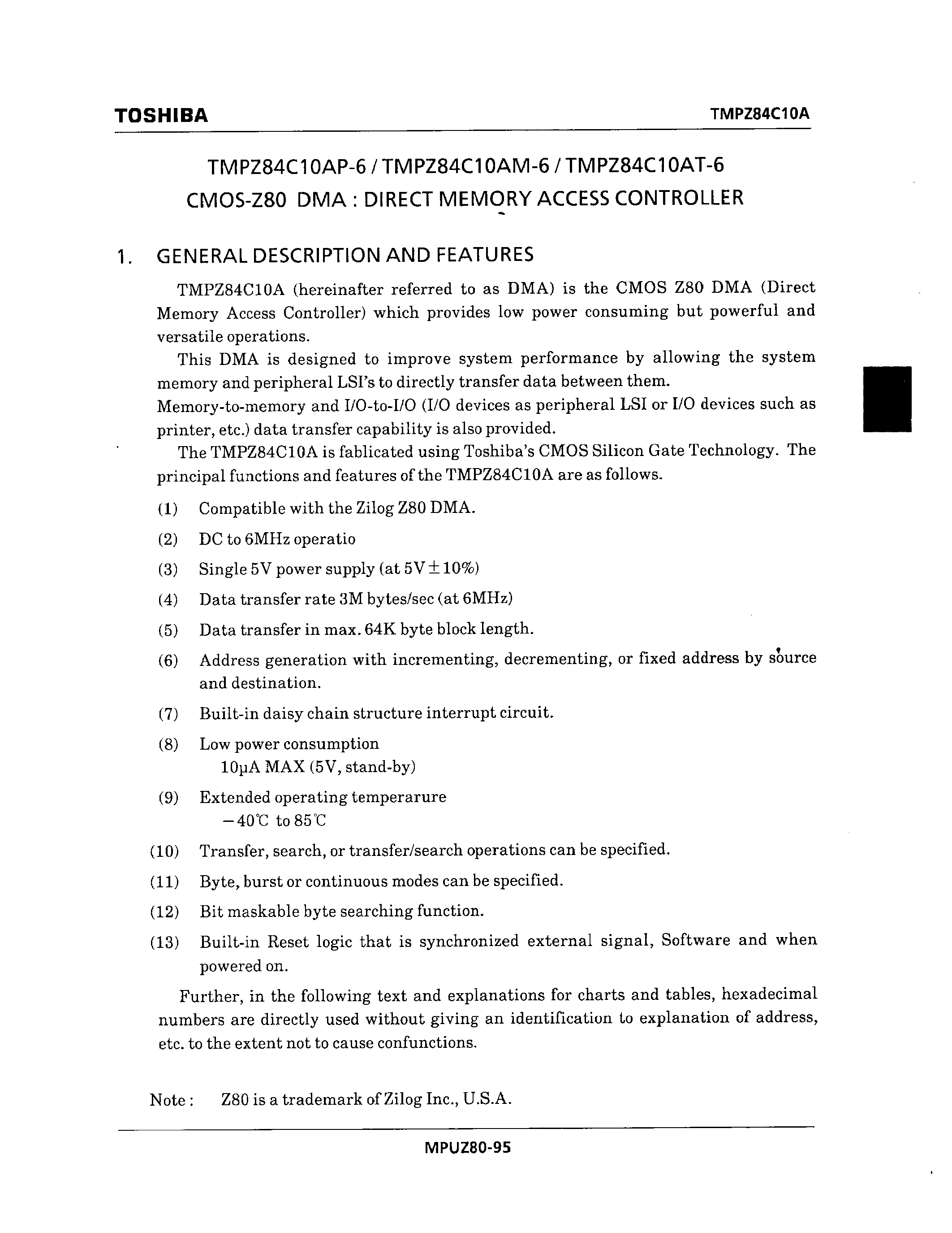 Даташит TMPZ84C10AT-6 - CMOS-Z80 DMA : DIRECT MEMORY ACCESS CONTROLLER страница 1