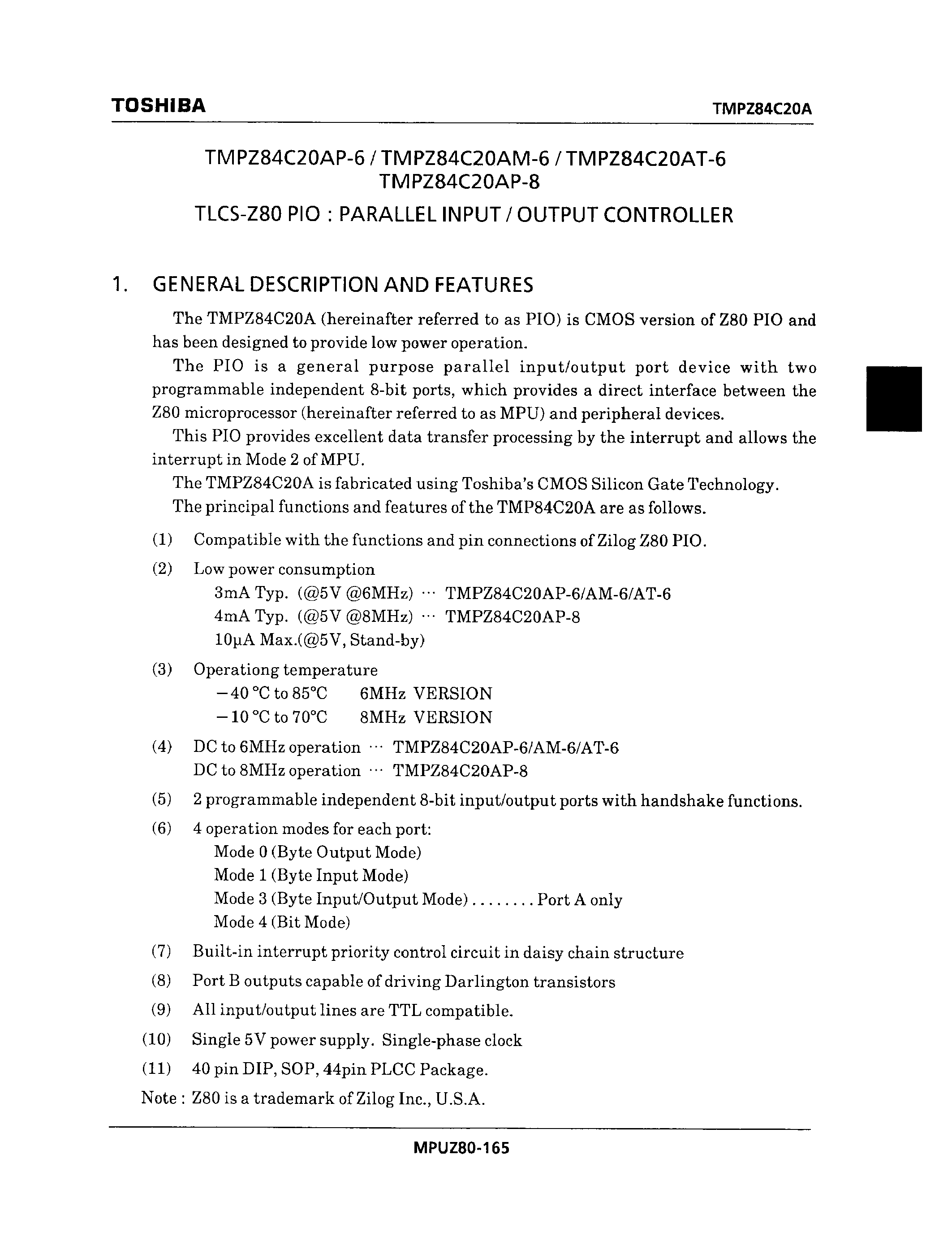 Даташит TMPZ84C20AM-6 - TLCS-Z80 PIO : PARALLEL INPUT / OUTPUT CONTROLLER страница 1