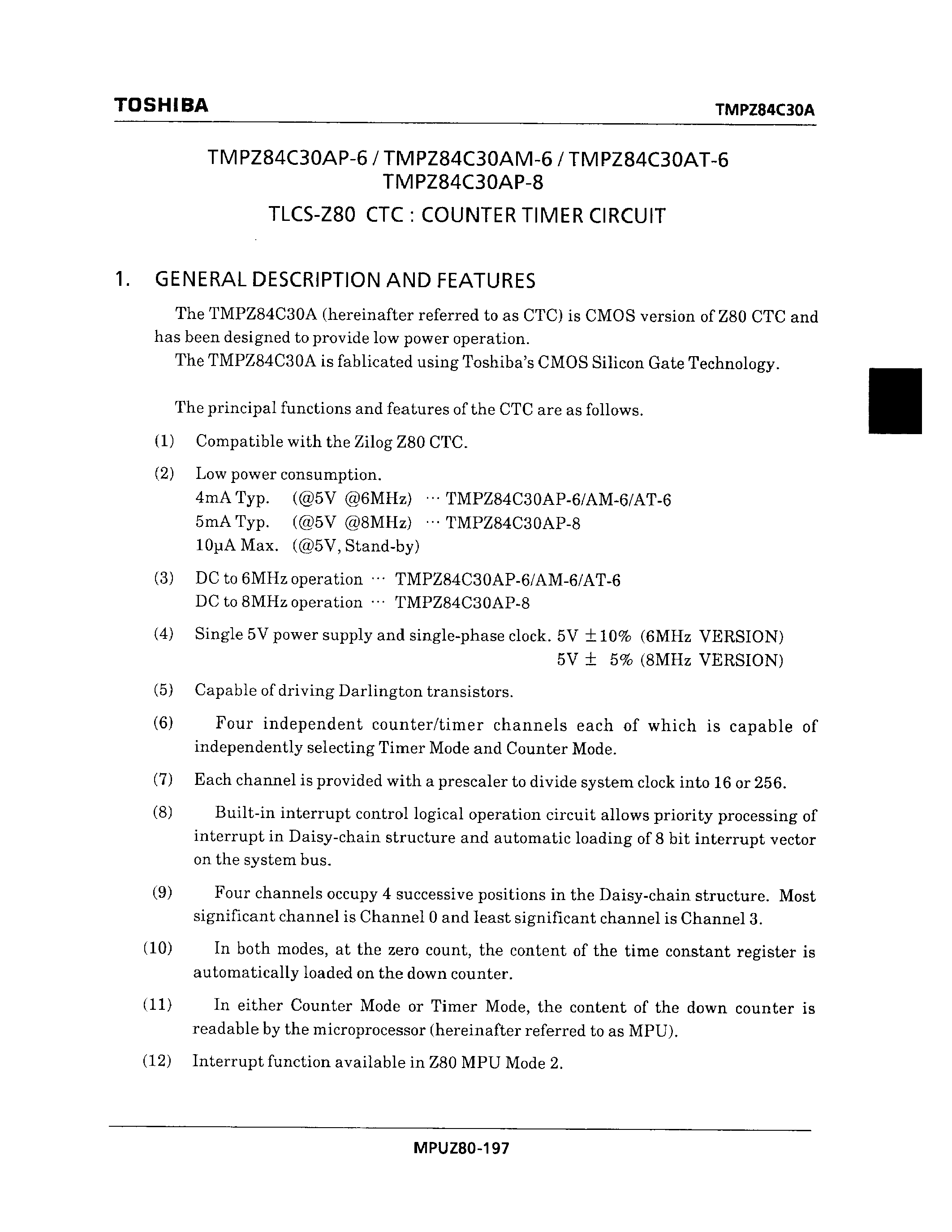 Даташит TMPZ84C30AM-6 - TLCS-Z80 CTC : COUNTER TIMER CIRCUIT страница 1