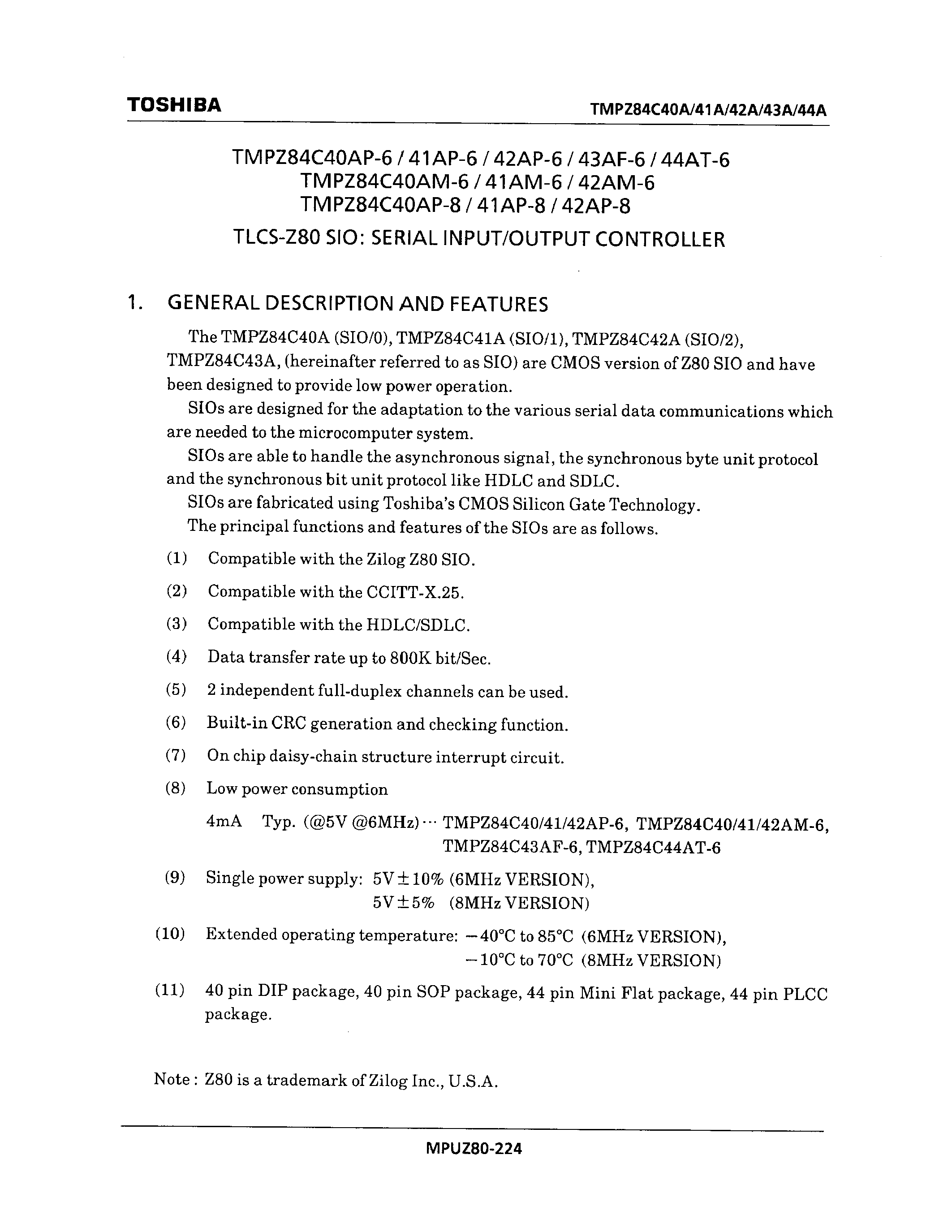 Datasheet TMPZ84C42AM-6 - TLCS-Z80 SIO: SERIAL INPUT/OUTPUT CONTROLLER page 1