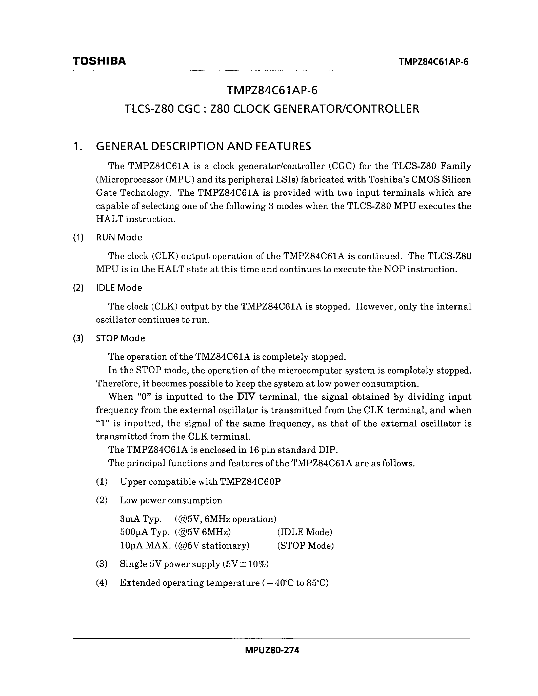 Datasheet TMPZ84C61AP-6 - TLCS-Z80 CGC : Z80 CLOCK GENERATOR/CONTROLLER page 1