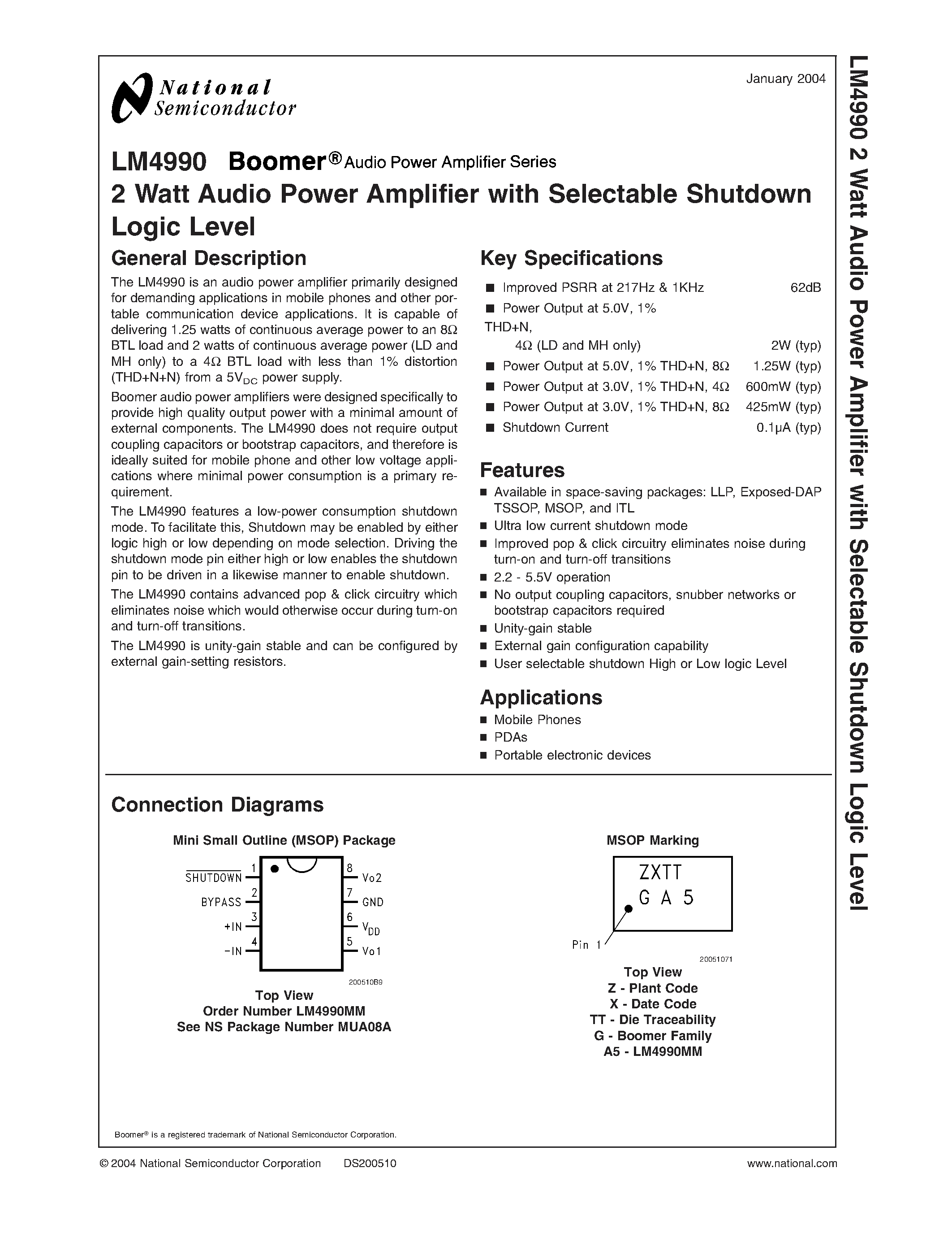 Даташит TLA09ZZA - 2 Watt Audio Power Amplifier with Selectable Shutdown Logic Level страница 1