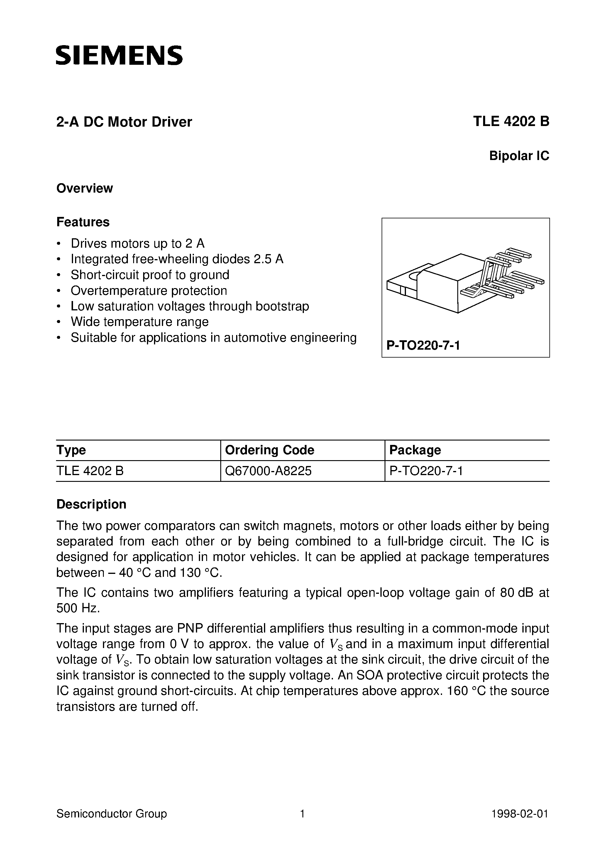 Даташит TLE4202B - 2-A DC Motor Driver страница 1