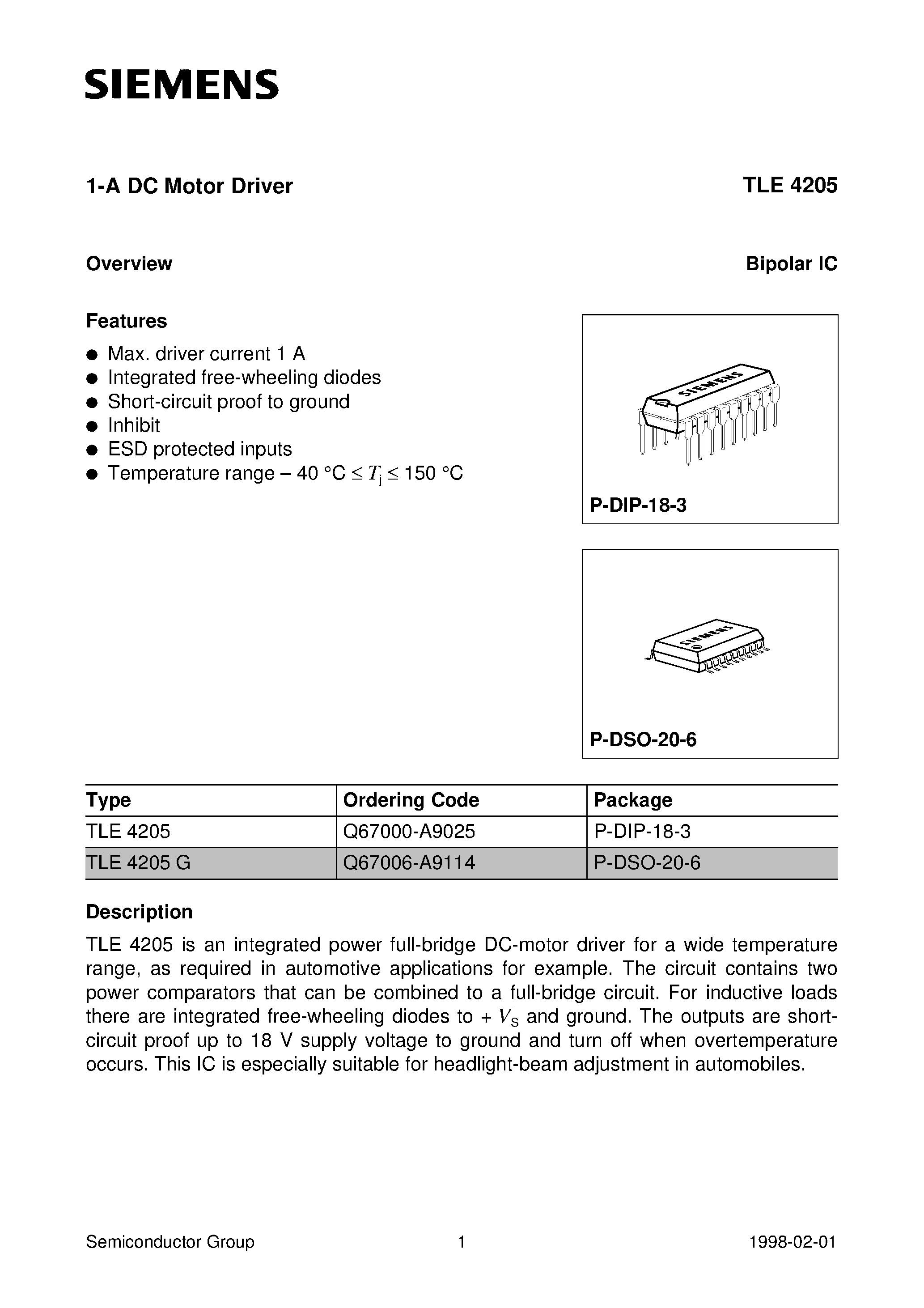 Datasheet TLE4205 page 1 Datasheet TLE4205 - 1-A DC Motor Driver page 1