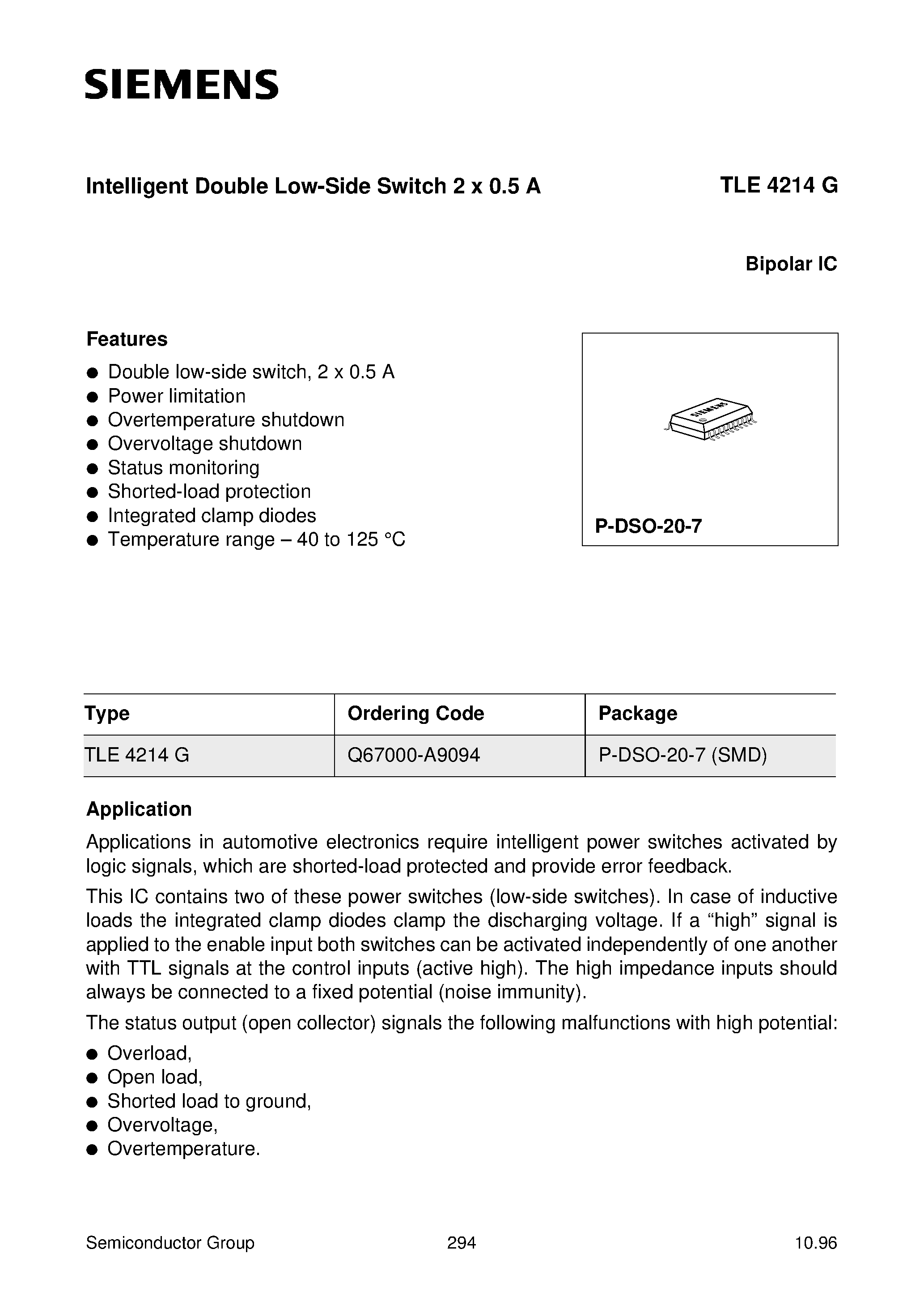 Даташит TLE4214G - Intelligent Double Low-Side Switch 2 x 0.5 A страница 1