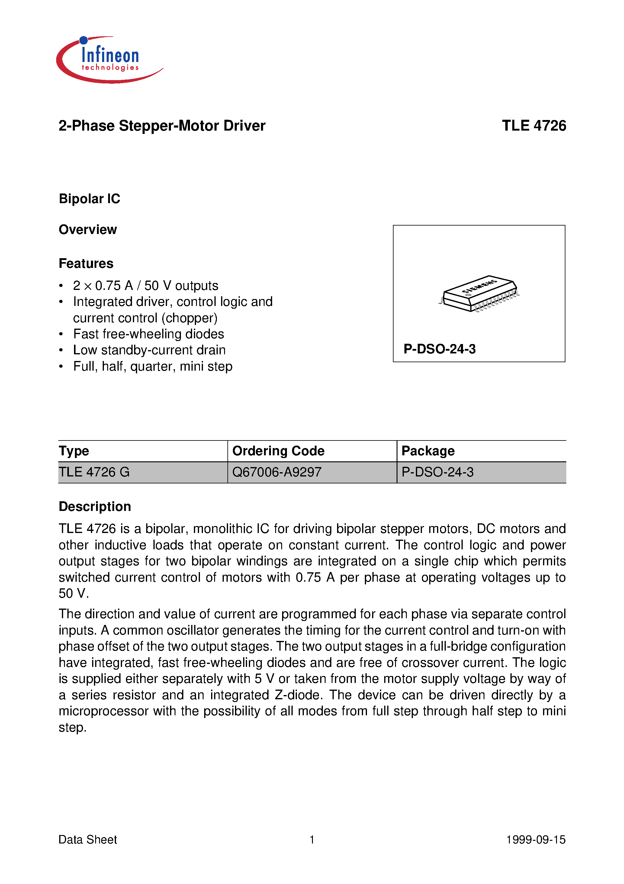 Даташит TLE4726 - 2-Phase Stepper-Motor Driver страница 1