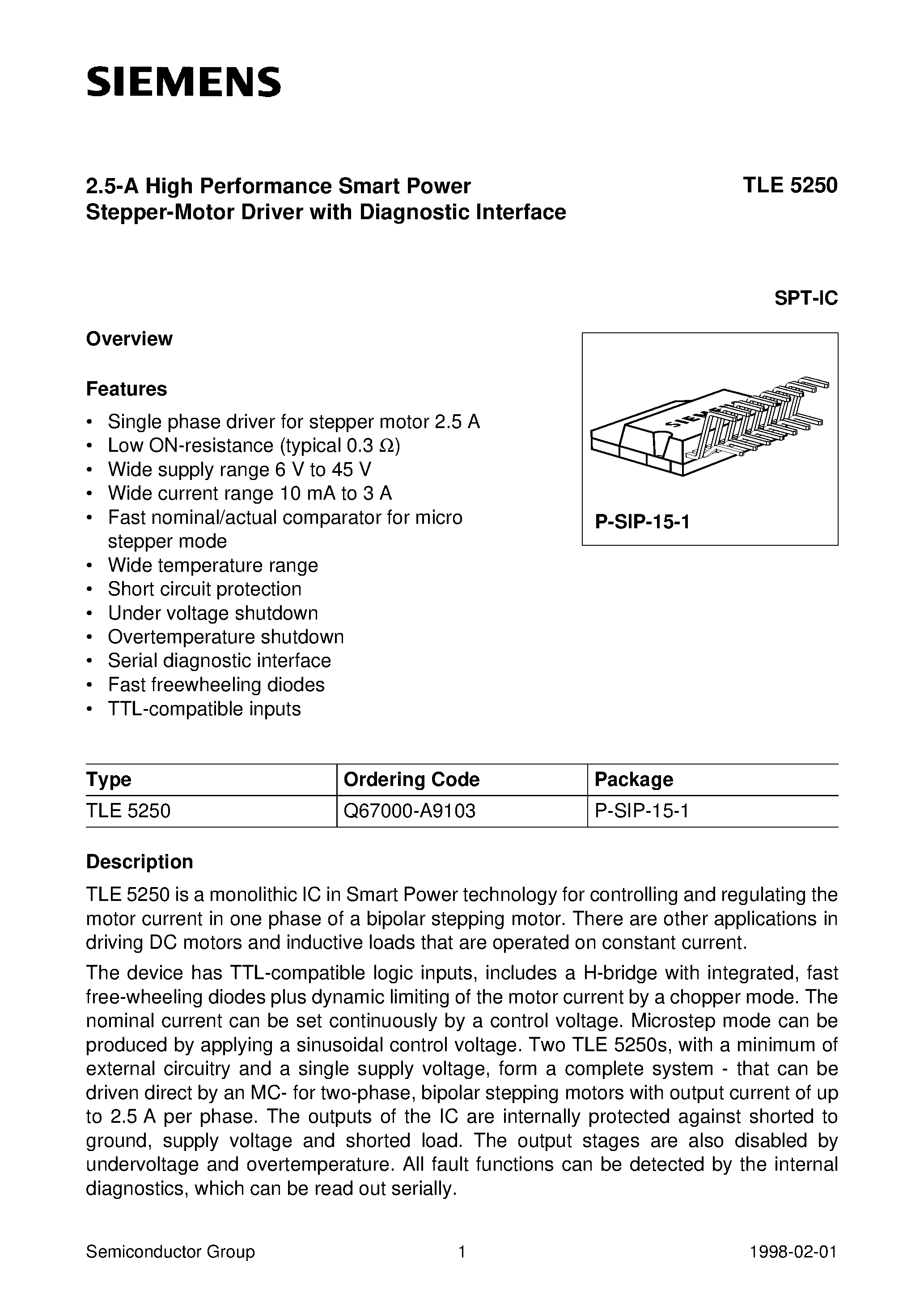 Даташит TLE5250 - 2.5-A High Performance Smart Power Stepper-Motor Driver with Diagnostic Interface страница 1