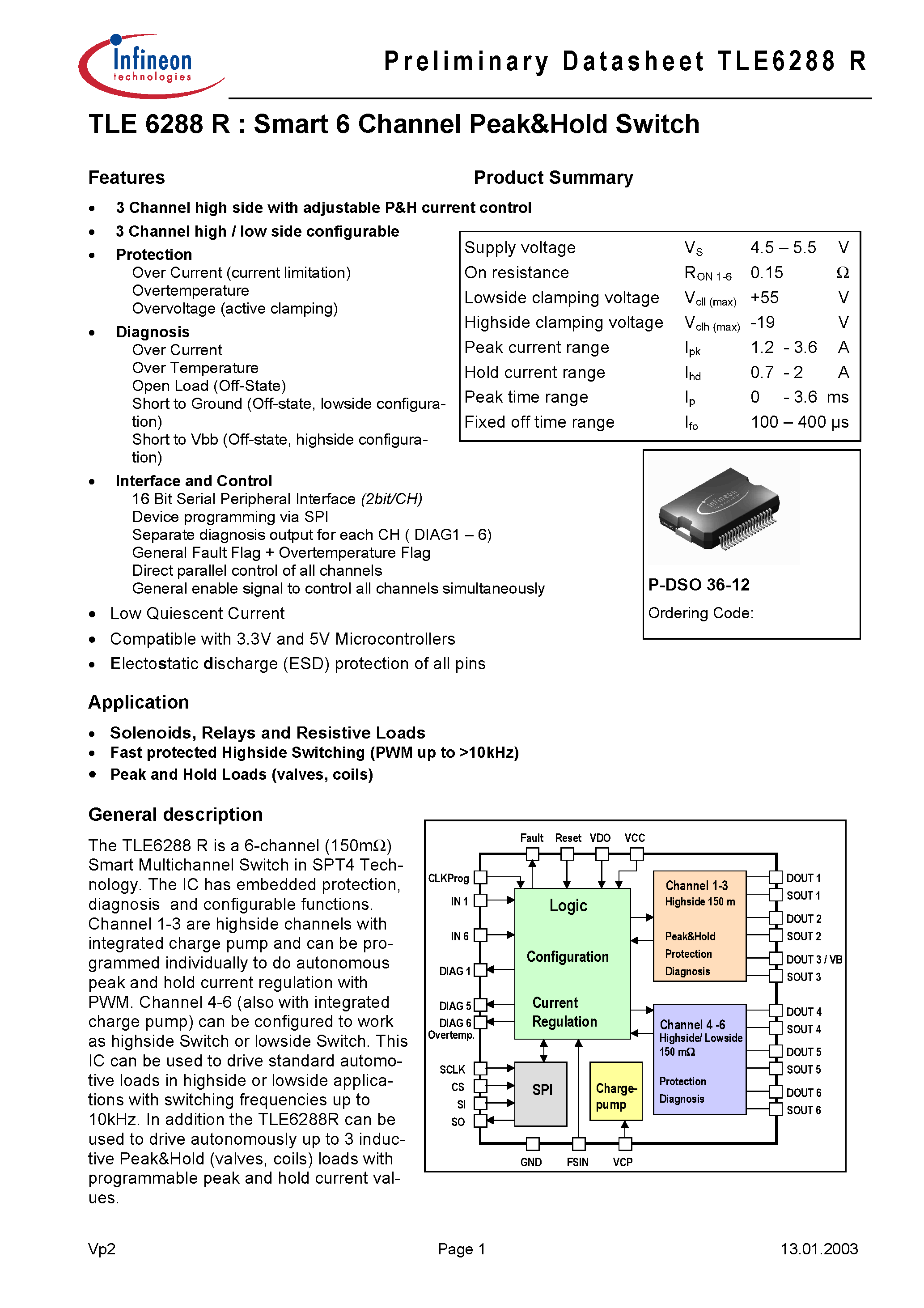 Даташит TLE6288 - Smart 6 Channel Peak&Hold Switch страница 1