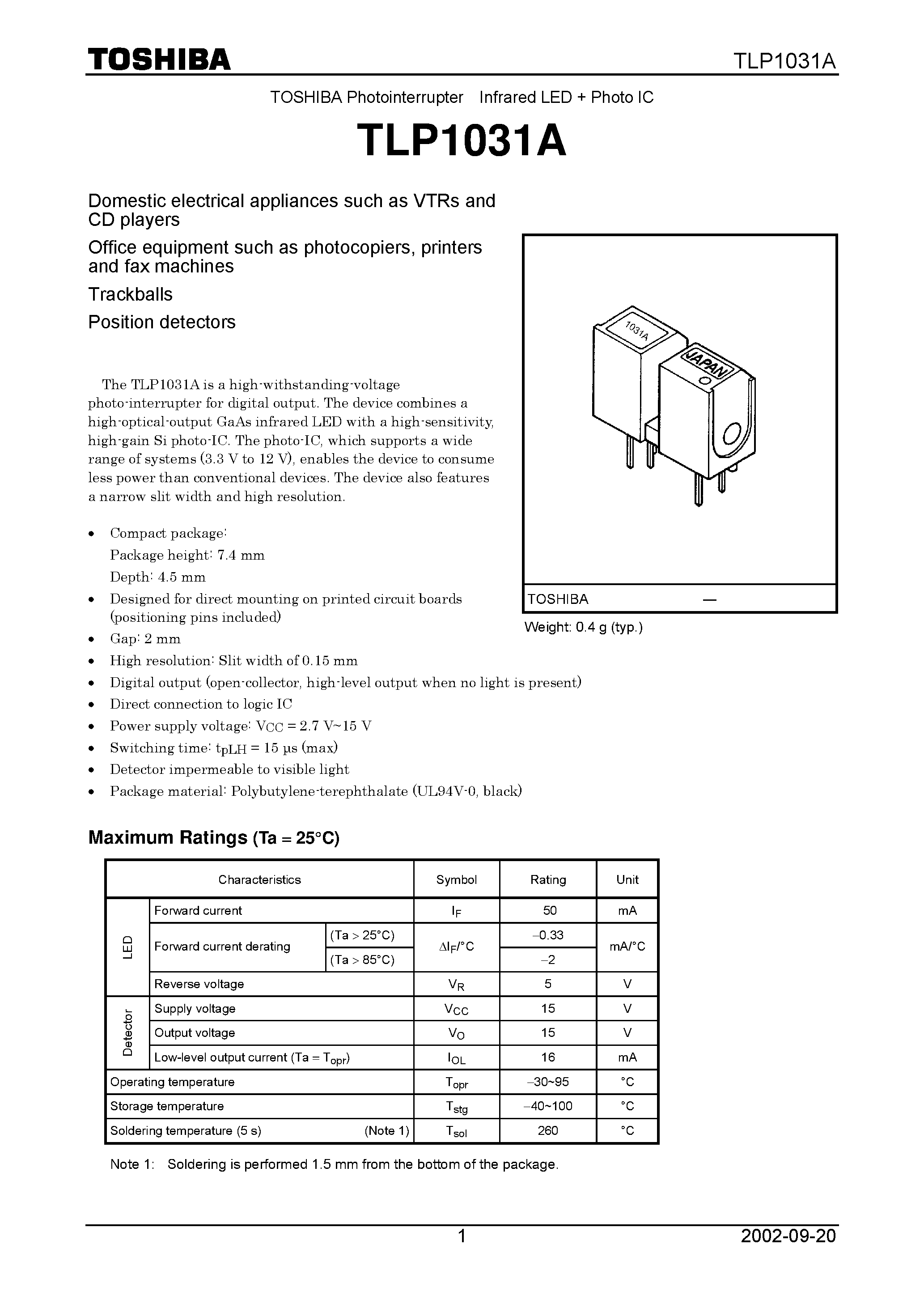 Datasheet TLP1031A - TOSHIBA Photointerrupter Infrared LED + Photo IC page 1