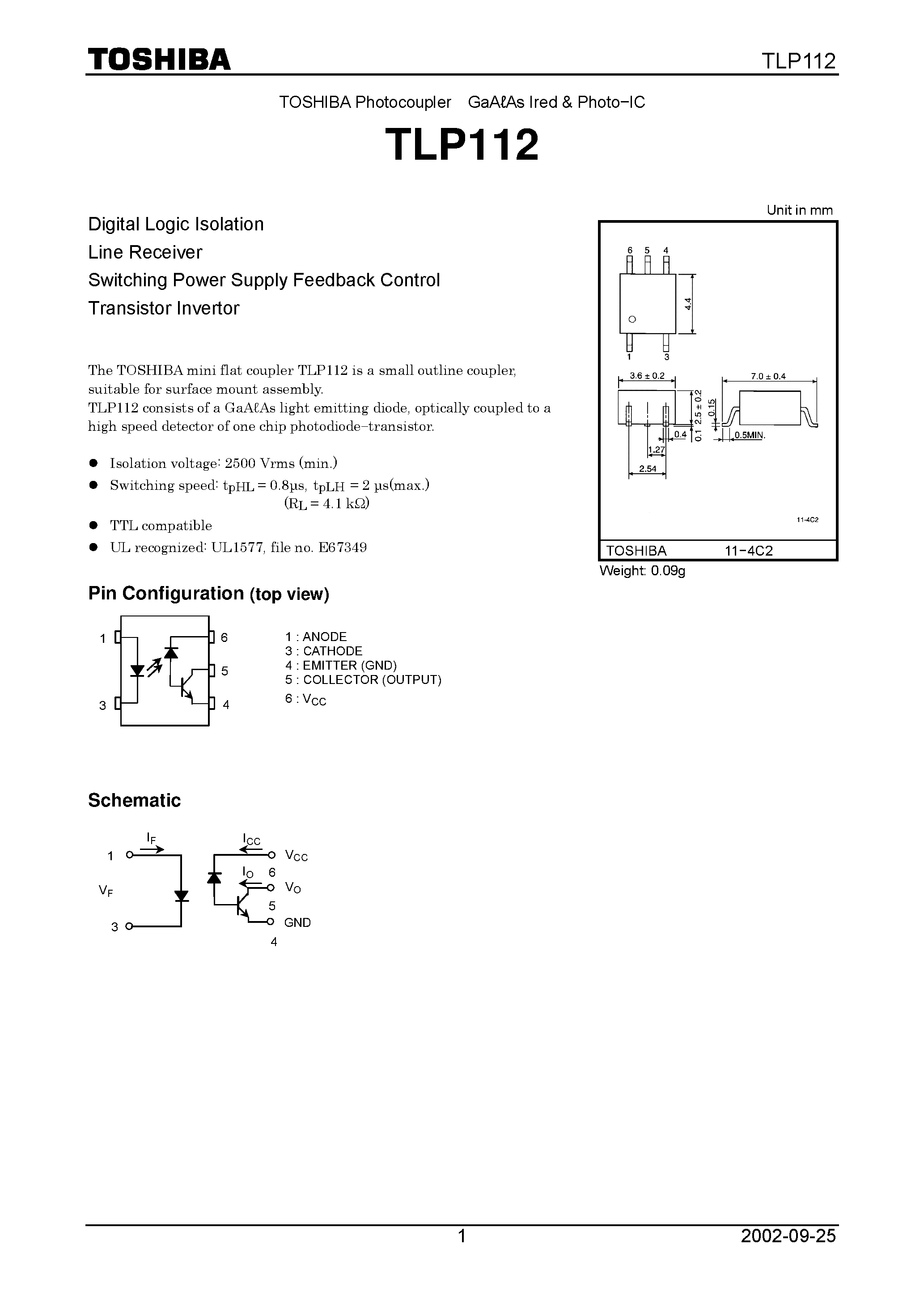 Datasheet TLP112 - Digital Logic Isolation Line Receiver Switching Power Supply Feedback Control Transistor Invertor page 1