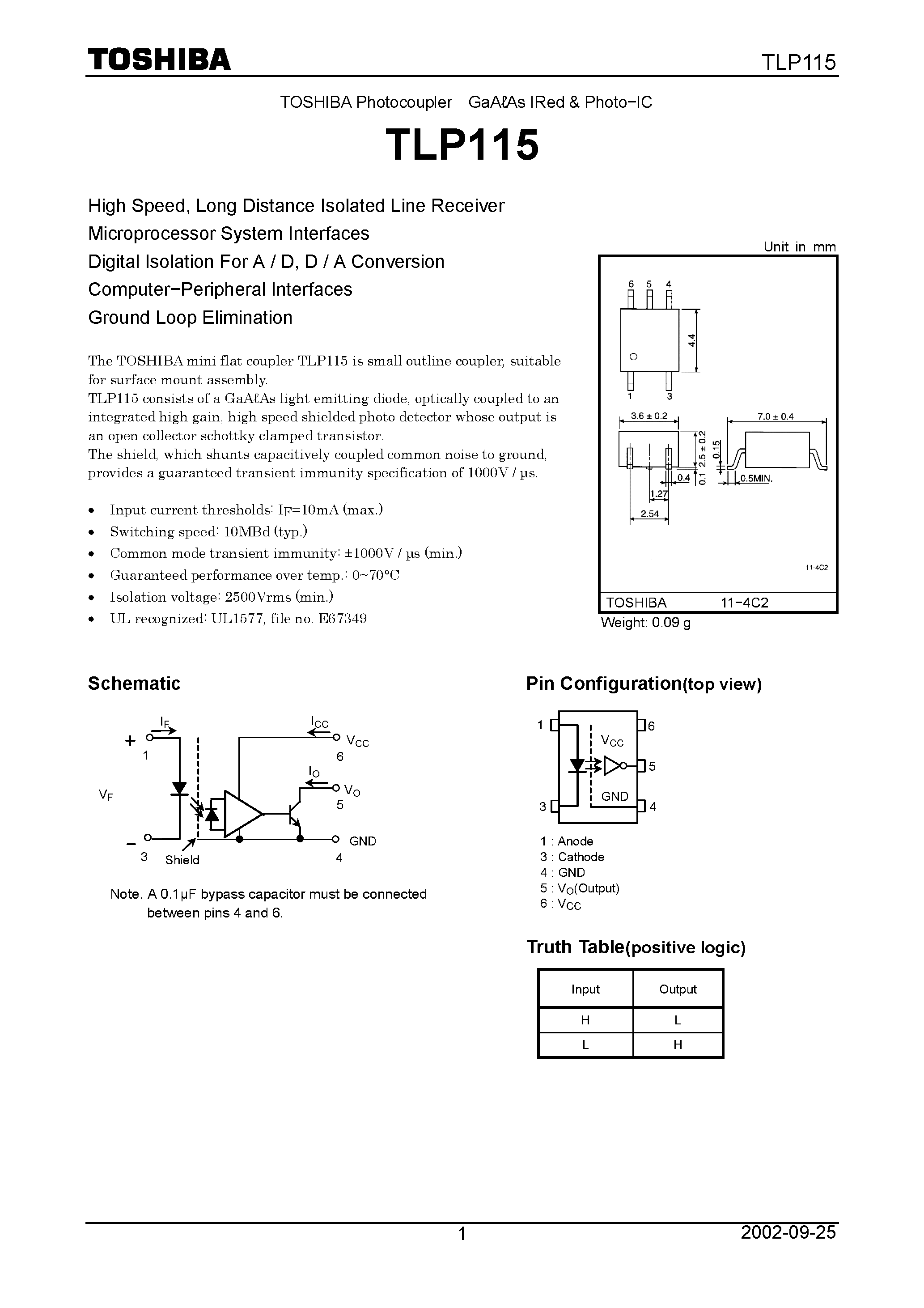 Datasheet TLP115 - High Speed/ Long Distance Isolated Line Receiver Microprocessor System Interfaces page 1