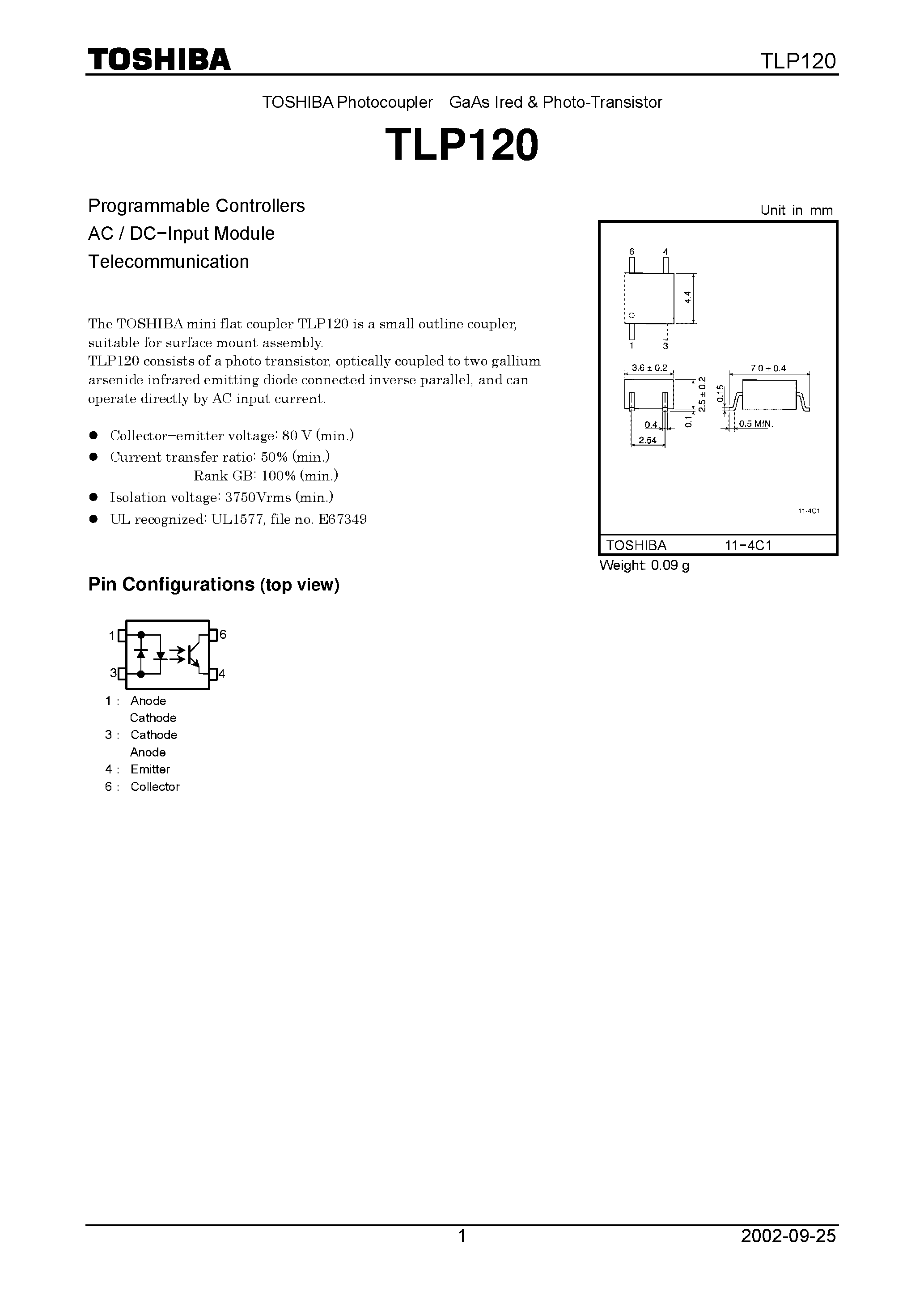 Datasheet TLP120 - Programmable Controllers AC / DC.Input Module Telecommunication page 1