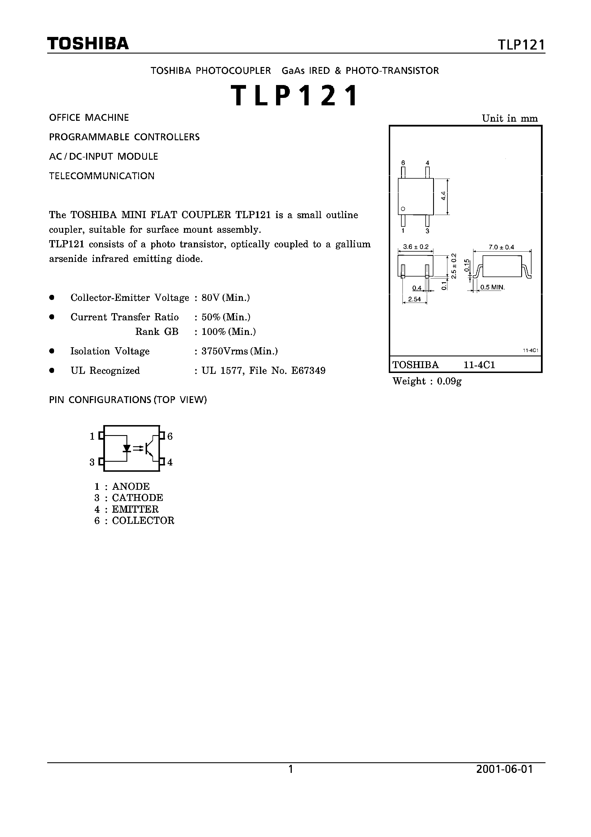 Datasheet TLP121 - OFFICE MACHINE PROGRAMMABLE CONTROLLERS page 1