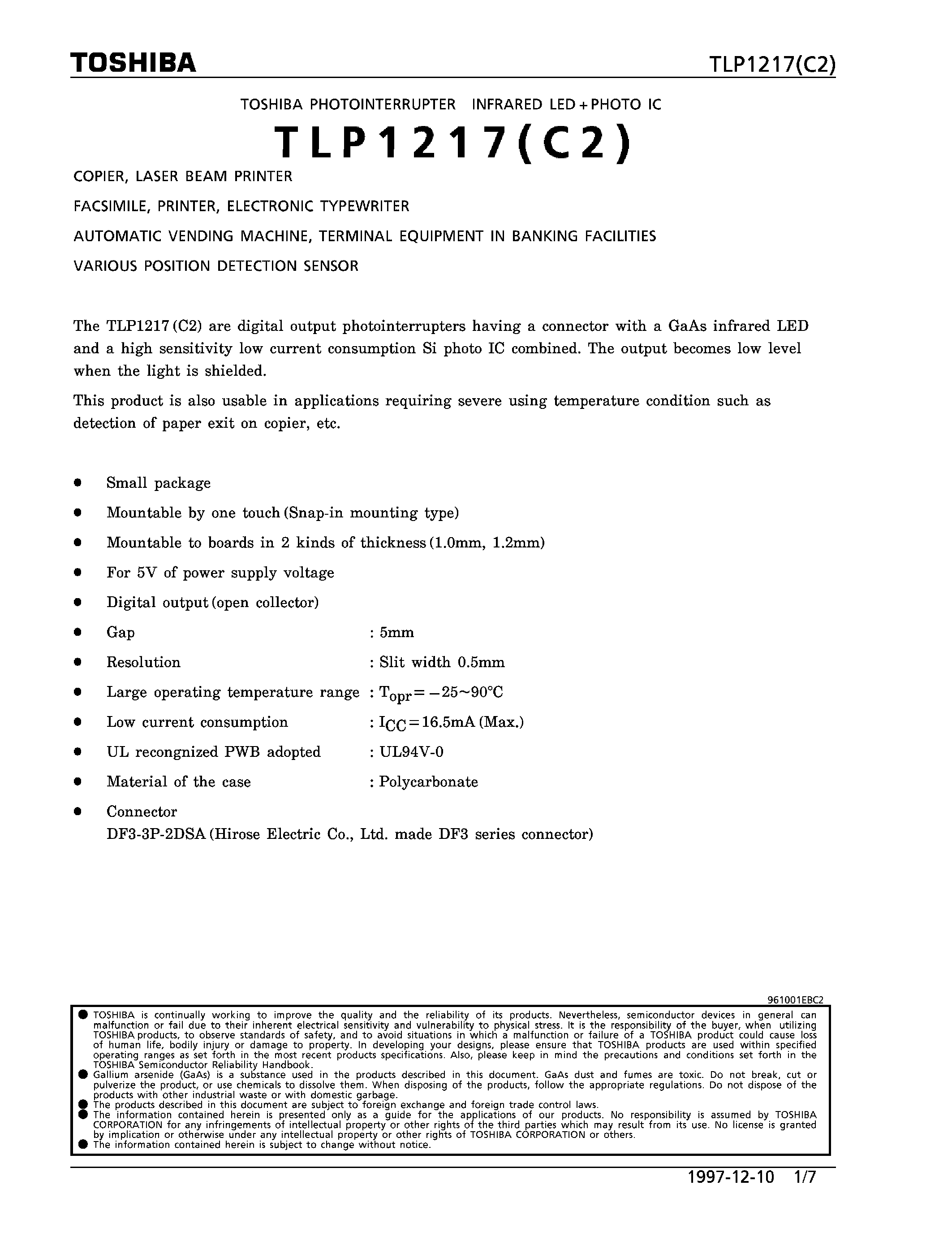 Datasheet TLP1217 - COPIER/ LASER BEAM PRINTER FACSIMILE/ PRINTER/ ELECTRONIC TYPEWRITER page 1