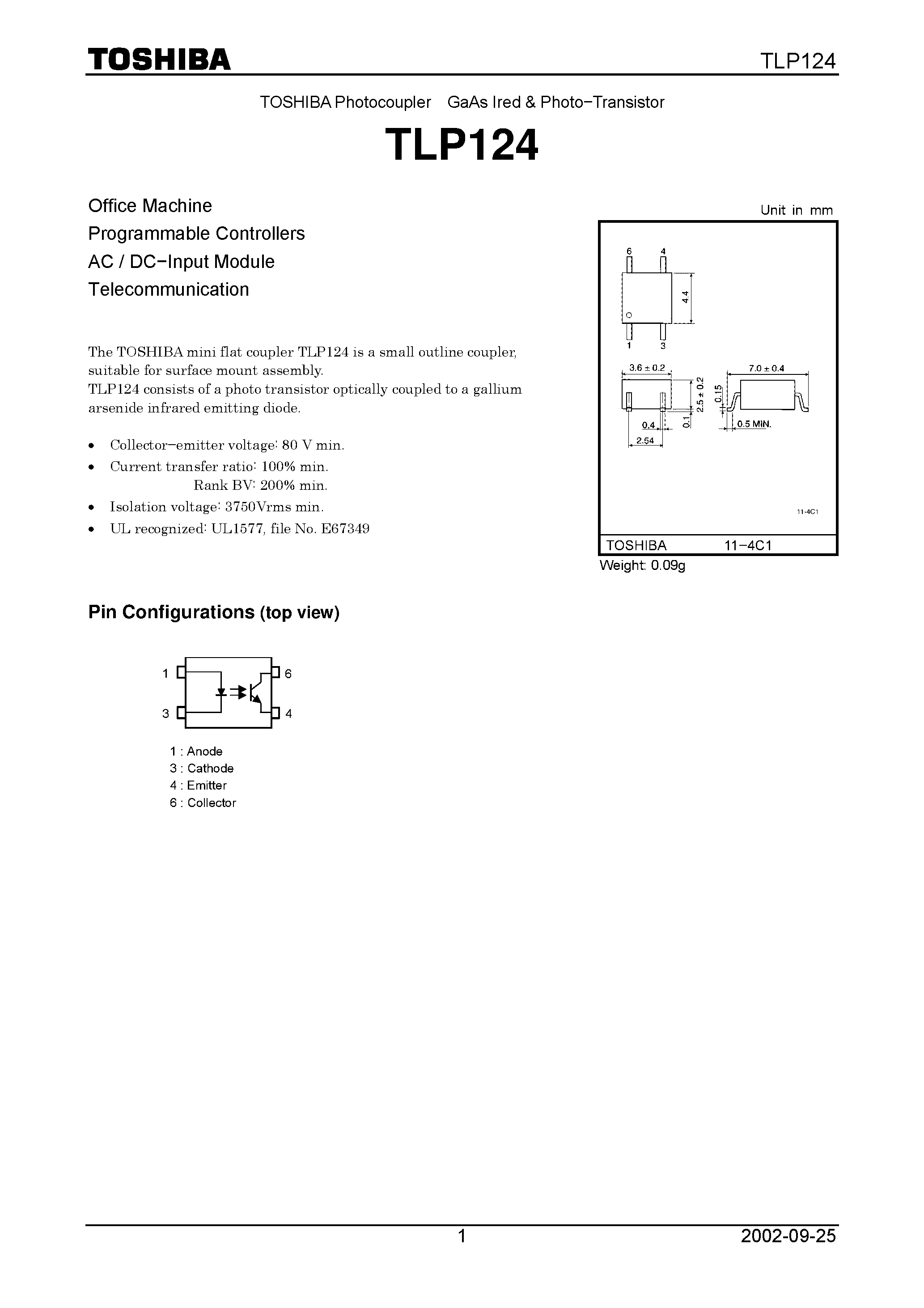 Datasheet TLP124 - Office Machine Programmable Controllers AC / DC.Input Module Telecommunication page 1