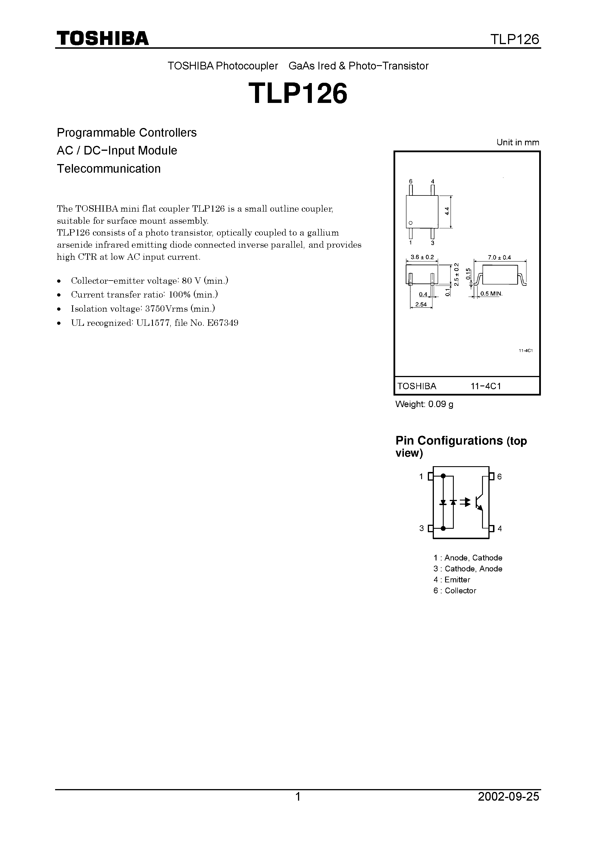 Datasheet TLP126 - Programmable Controllers AC / DC&#8722;Input Module Telecommunication page 1