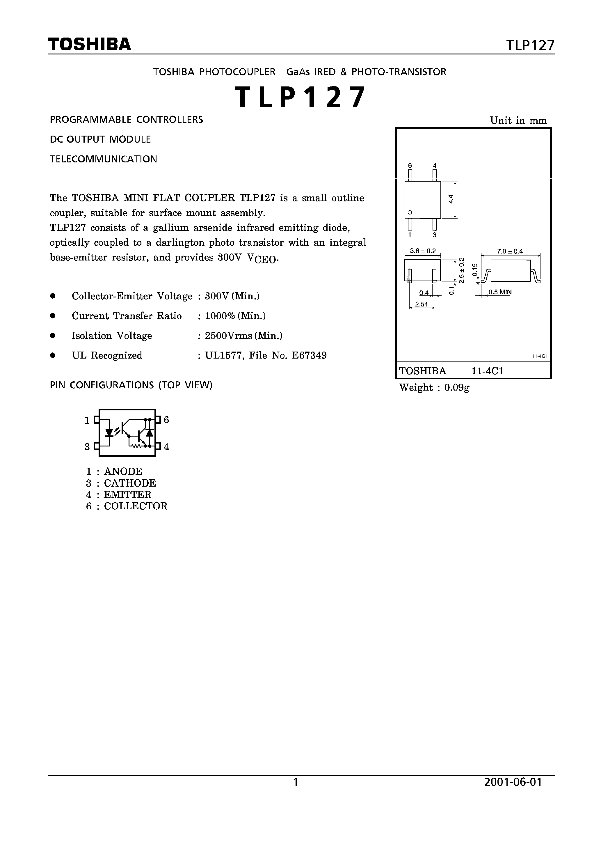 Даташит TLP127 - PROGRAMMABLE CONTROLLERS DC-OUTPUT MODULE TELECOMMUNICATION страница 1