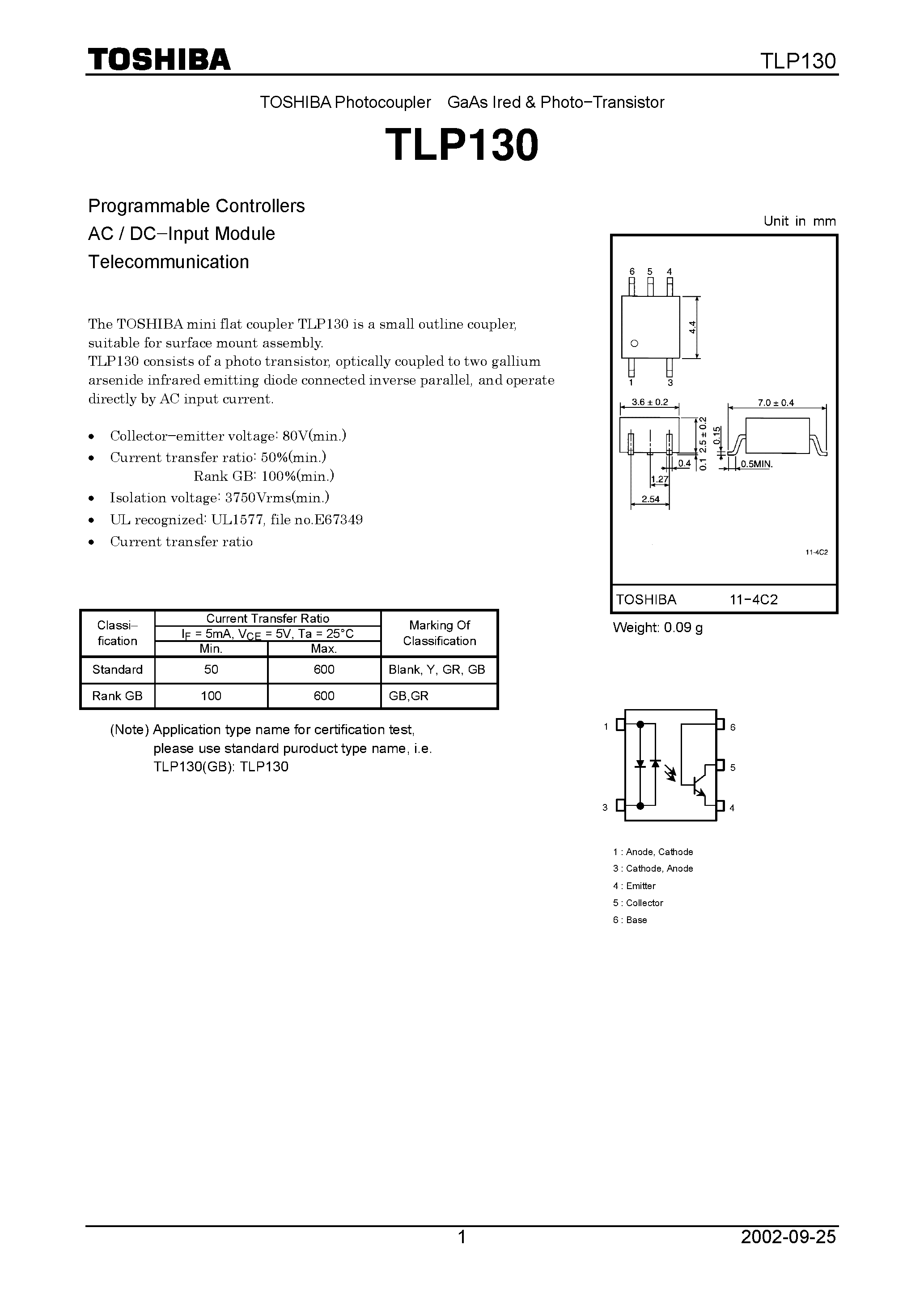 Datasheet TLP130 - Programmable Controllers AC / DC.Input Module Telecommunication page 1