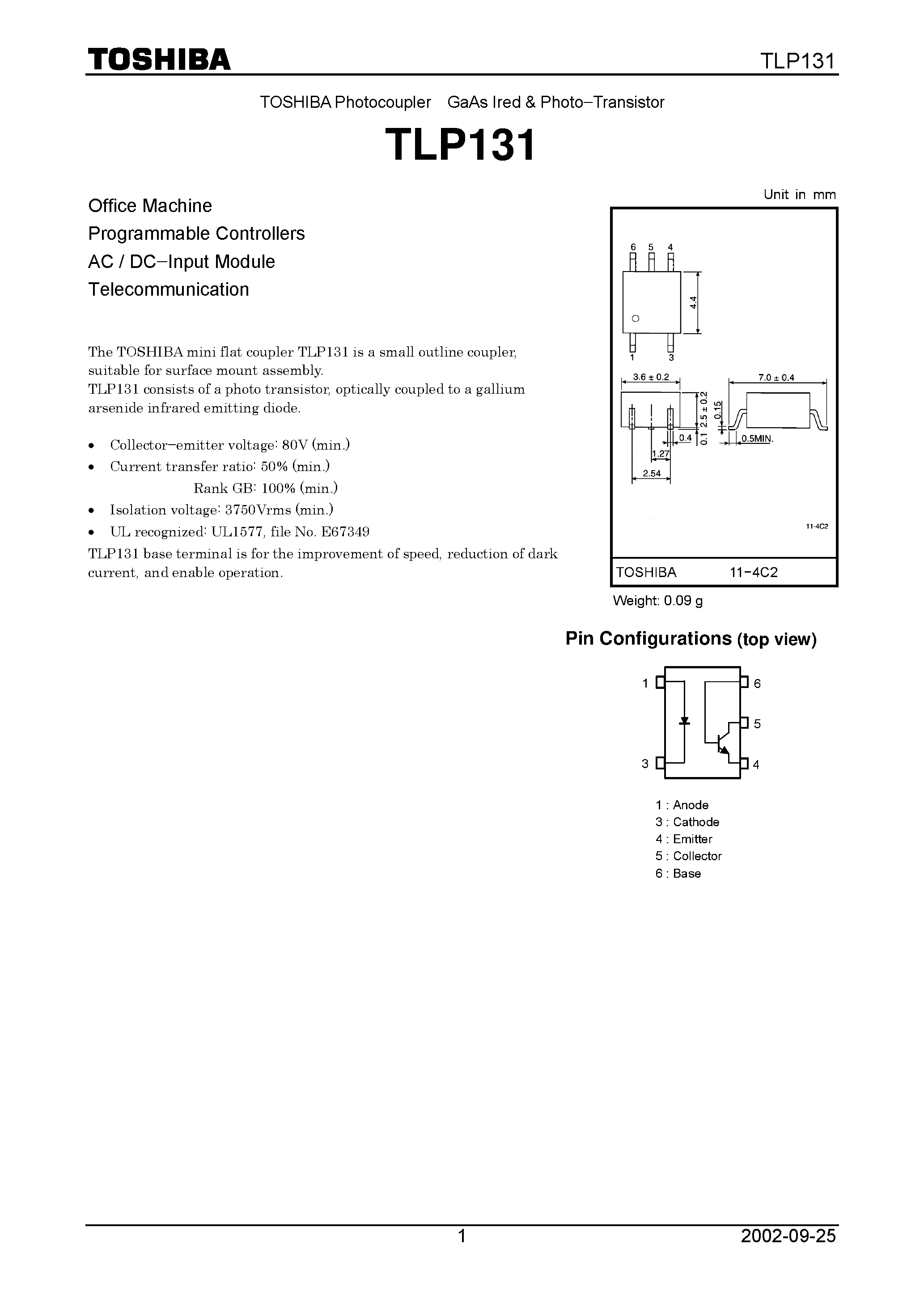 Datasheet TLP131 - Office Machine Programmable Controllers AC / DC.Input Module Telecommunication page 1