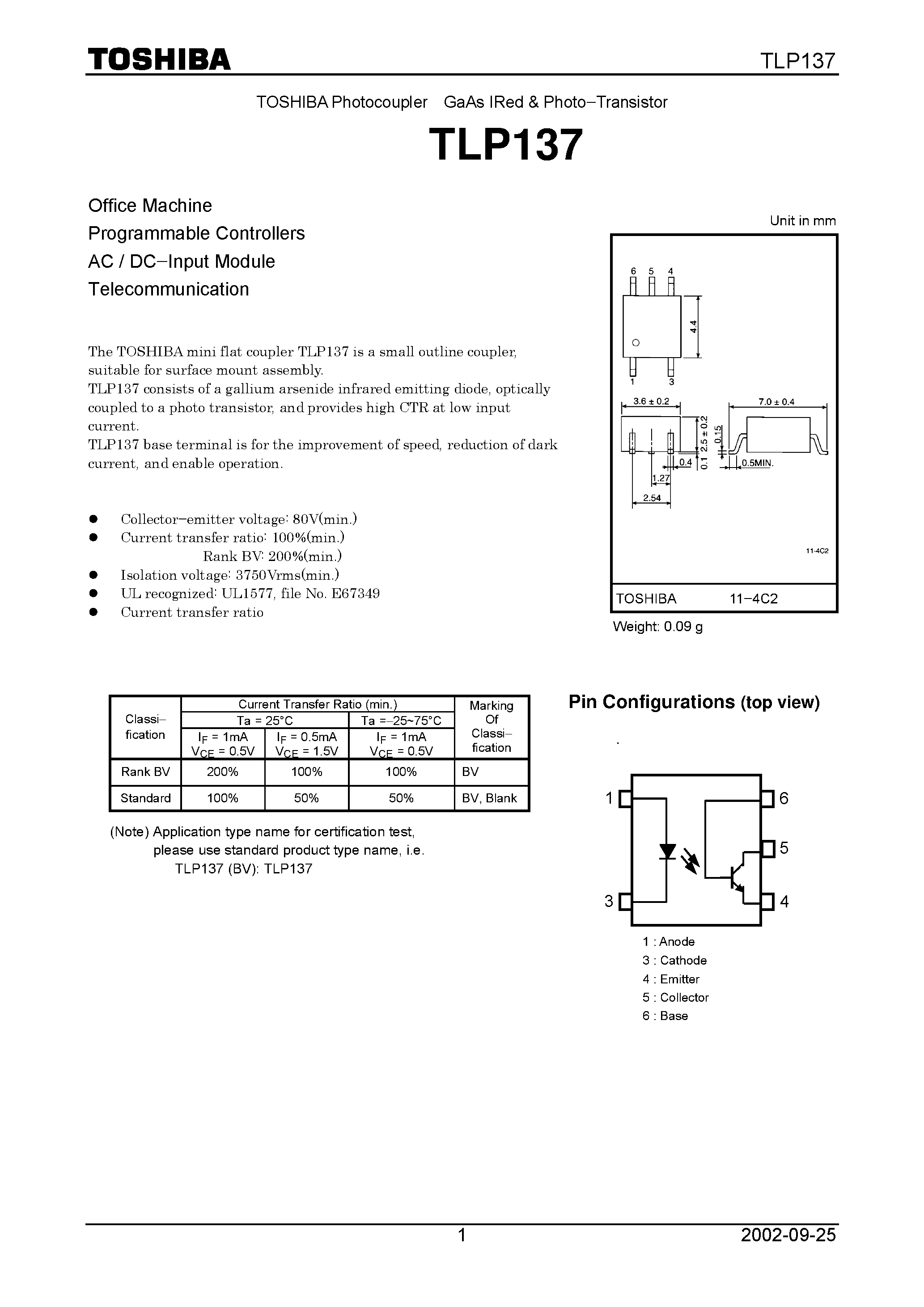 Datasheet TLP137 - Office Machine Programmable Controllers AC / DC.Input Module Telecommunication page 1