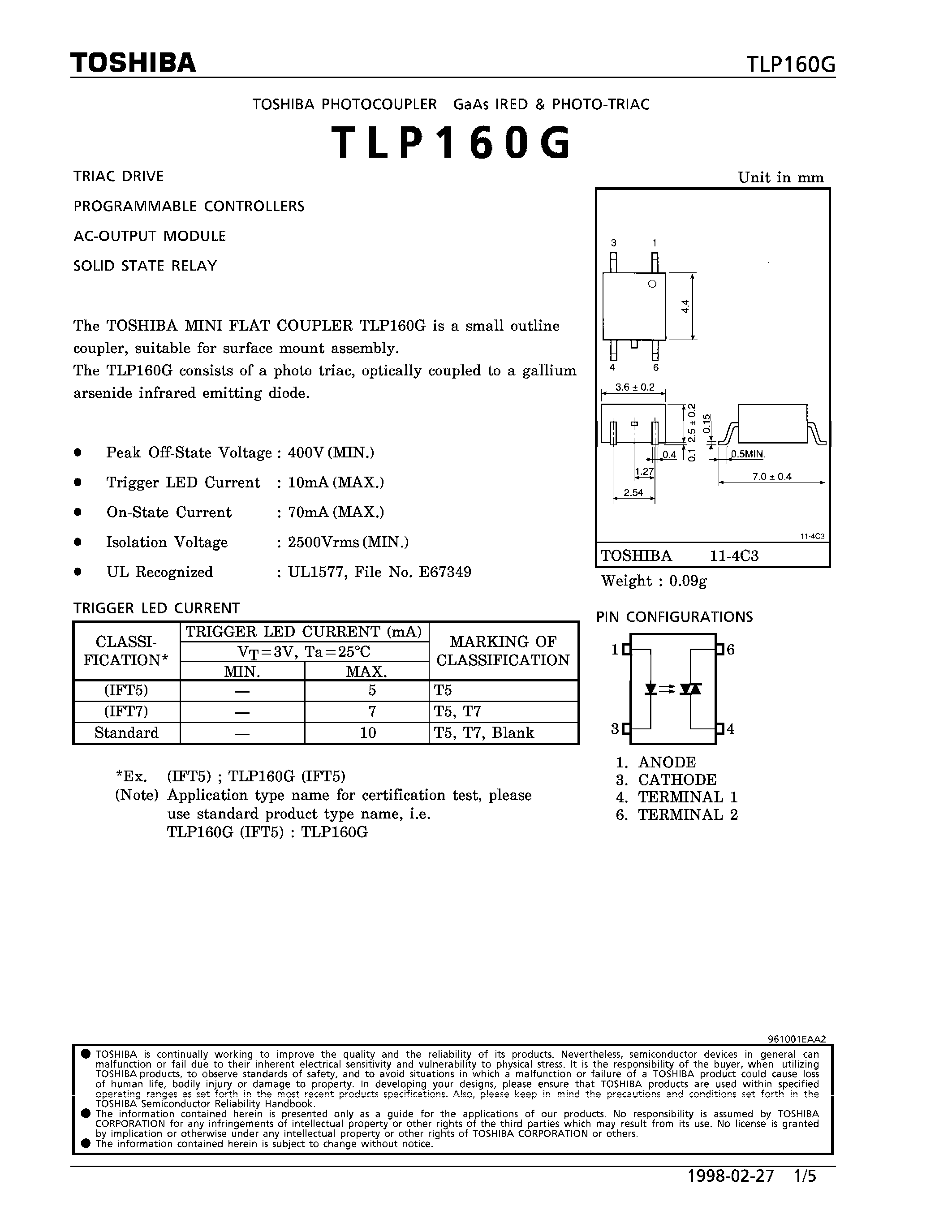 Даташит TLP160 - PHOTOCOUPLER GAAS IRED & PHOTO TRIAC страница 1