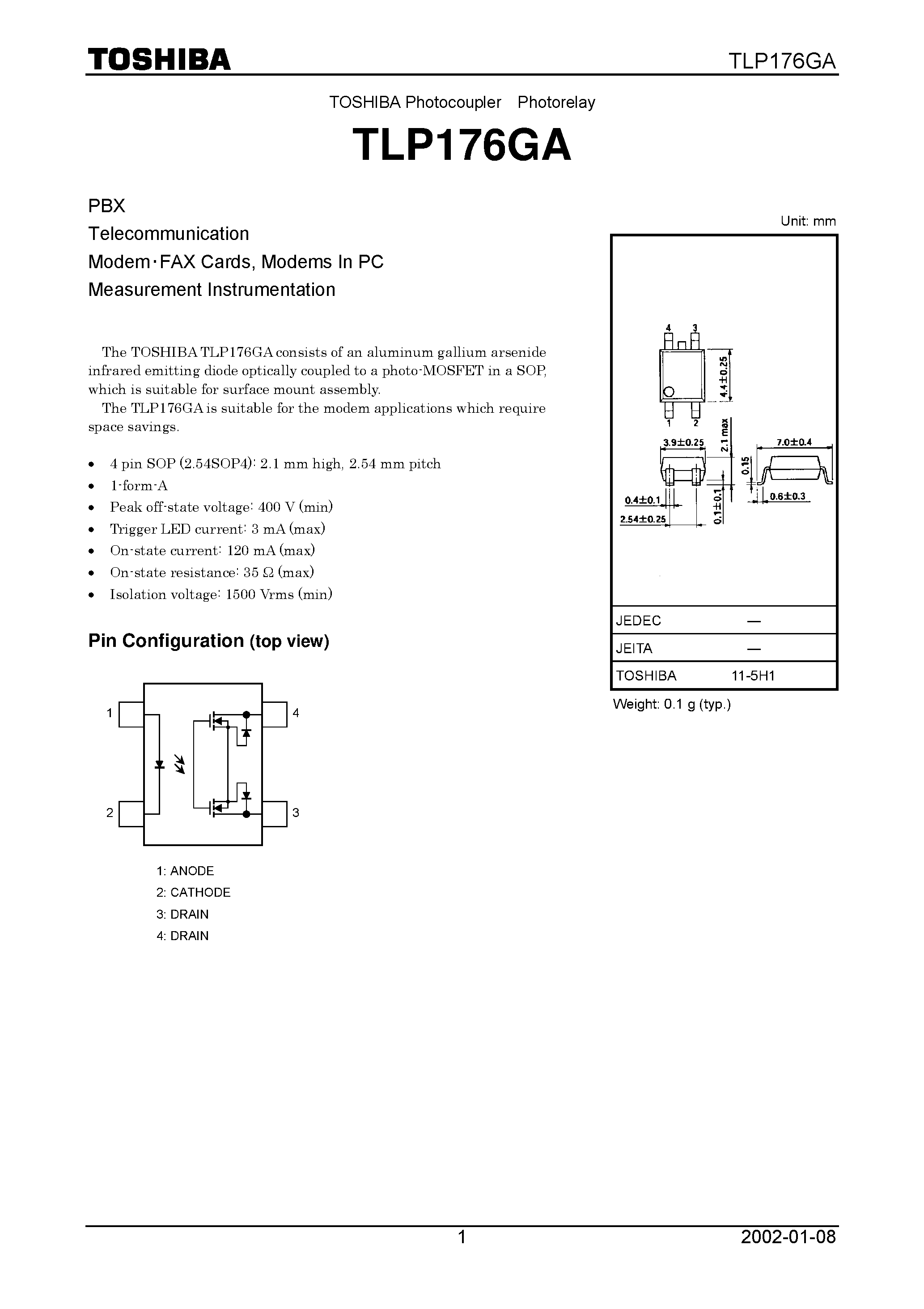 Даташит TLP176GA - TOSHIBA Photocoupler Photorelay страница 1