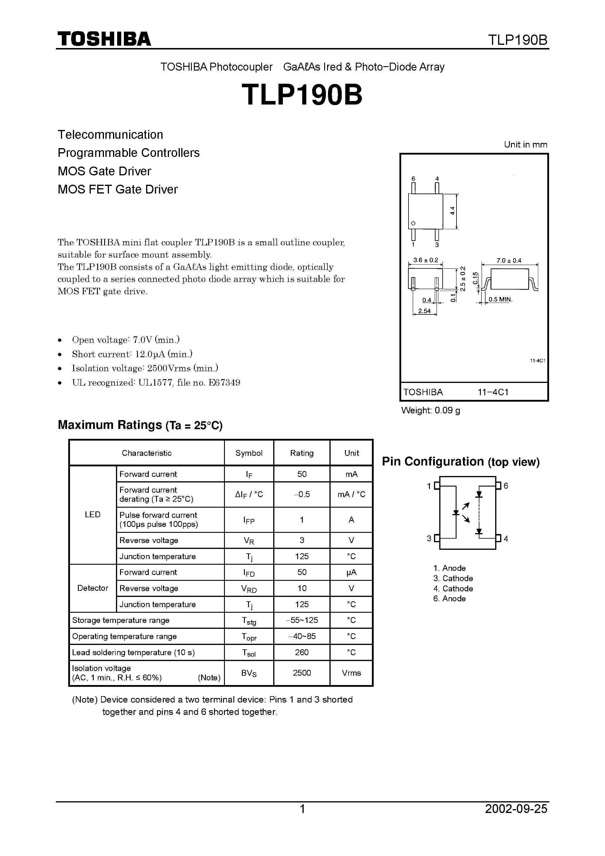 Даташит TLP190B - TOSHIBA Photocoupler GaAAs Ired & Photo&#8722;Diode Array страница 1