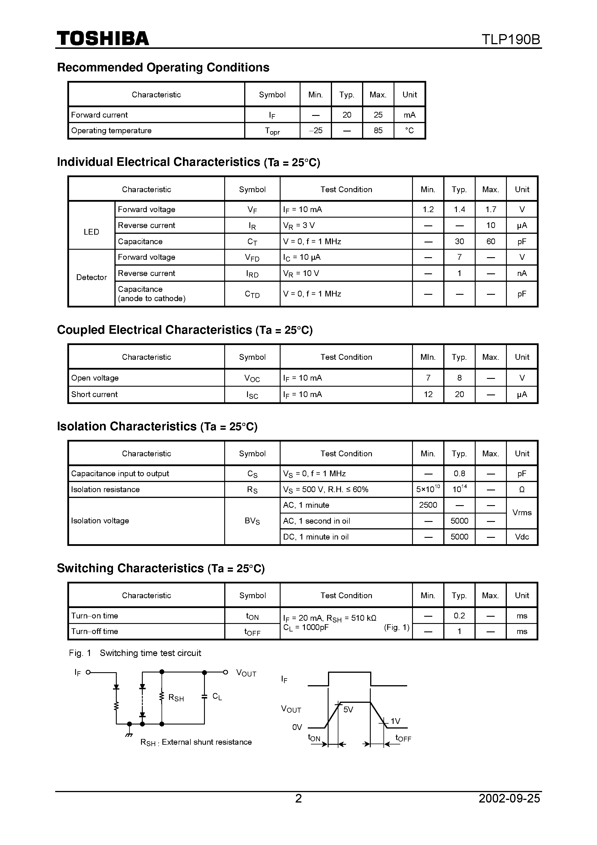 Даташит TLP190B - TOSHIBA Photocoupler GaAAs Ired & Photo&#8722;Diode Array страница 2